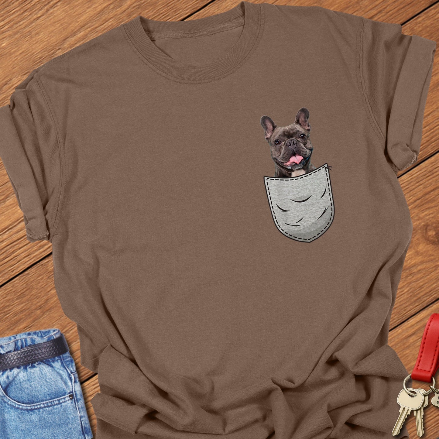 French bulldog dog in pocket design printed on espresso Comfort Colors t shirt