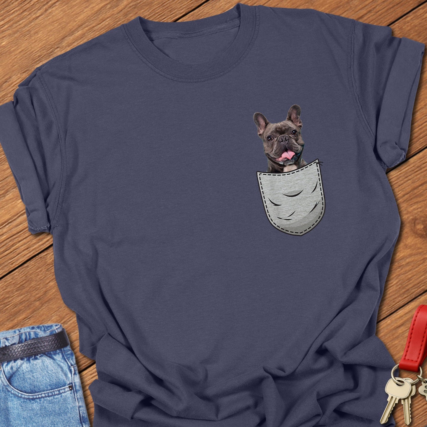 French bulldog dog in pocket design printed on navy Comfort Colors t shirt