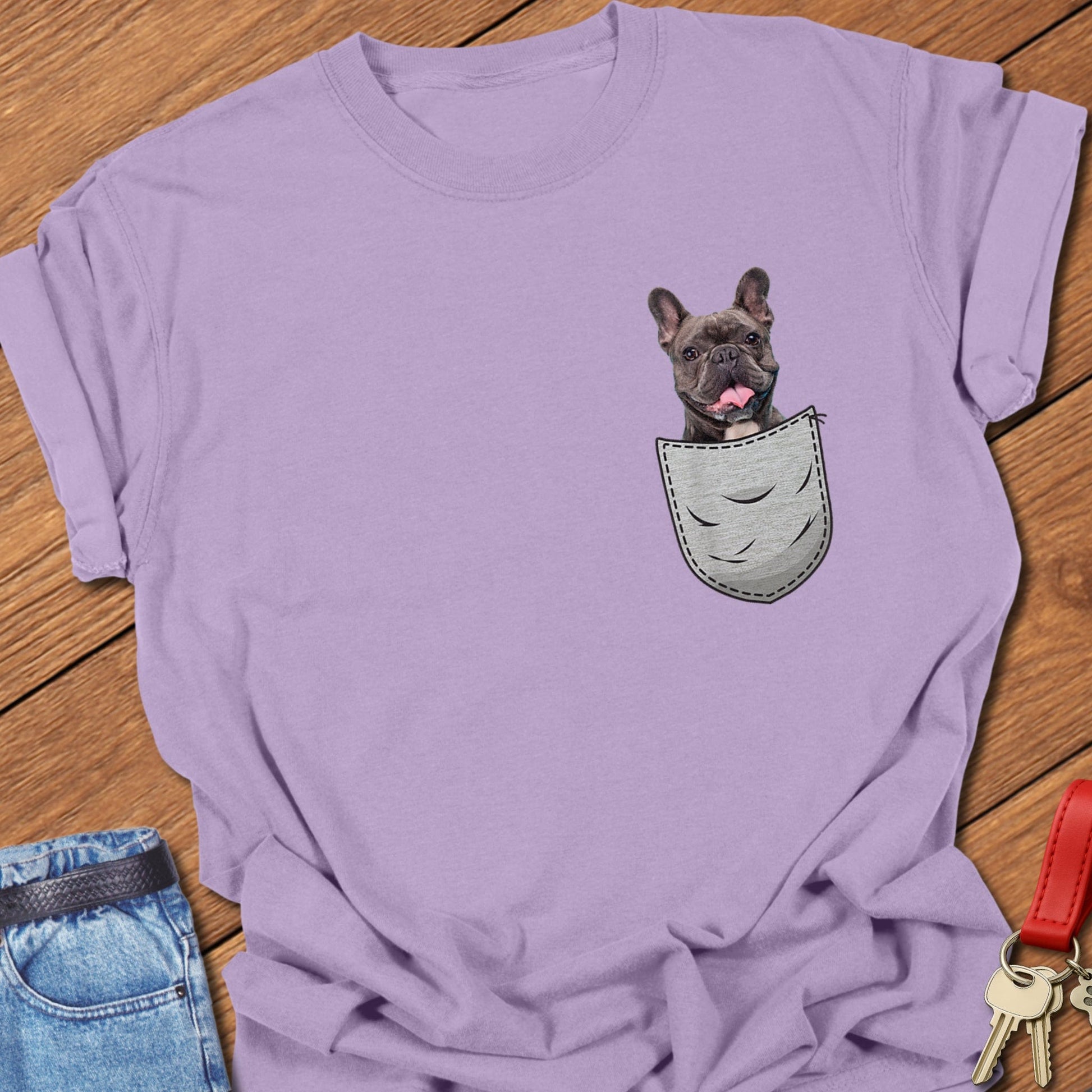 French bulldog dog in pocket design printed on orchid Comfort Colors t shirt