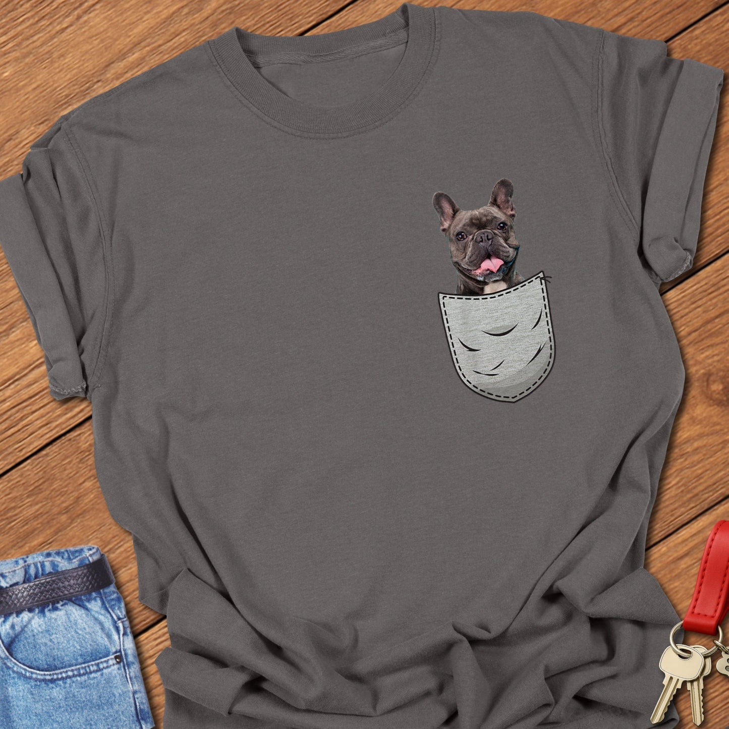 French bulldog dog in pocket design printed on pepper Comfort Colors t shirt
