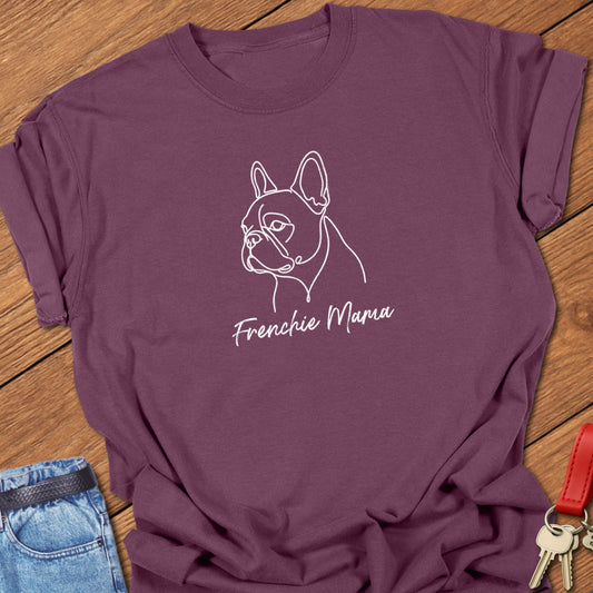 French bulldog minimalist line art portrait with “Frenchie Mama” script text printed on berry Comfort Colors t shirt.