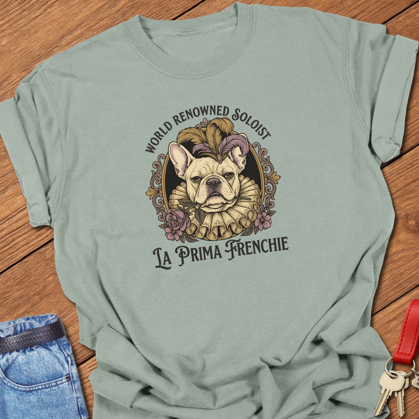 French bulldog world renowned soloist La Prima Frenchie vintage illustrated portrait printed on bay Comfort Colors t shirt