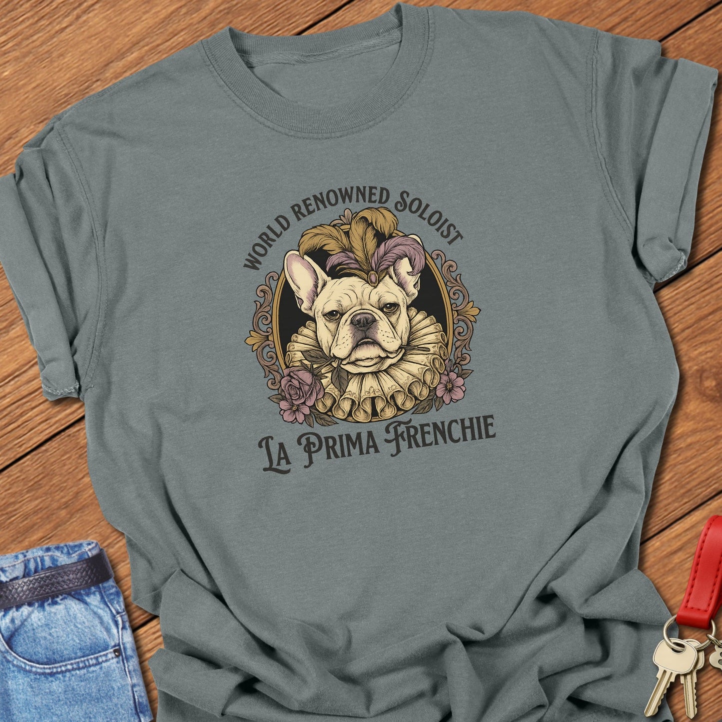 French bulldog world renowned soloist La Prima Frenchie vintage illustrated portrait printed on granite Comfort Colors t shirt