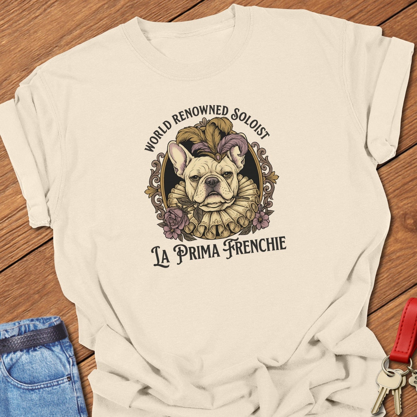 French bulldog world renowned soloist La Prima Frenchie vintage illustrated portrait printed on ivory Comfort Colors t shirt