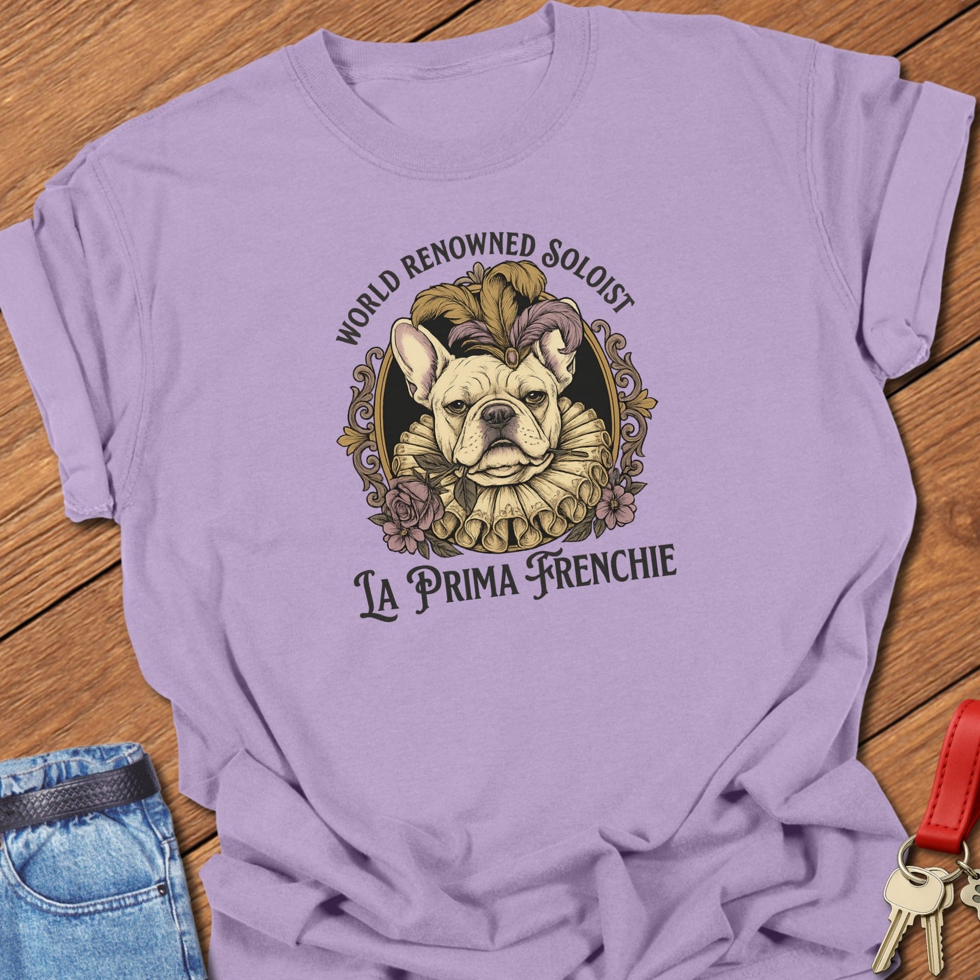 French bulldog world renowned soloist La Prima Frenchie vintage illustrated portrait printed on orchid Comfort Colors t shirt