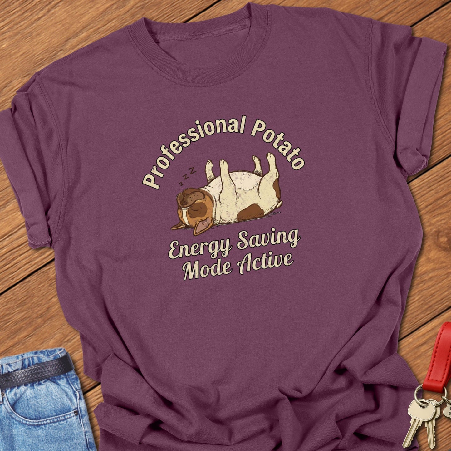 French bulldog sleeping potato cartoon illustration printed on berry Comfort Colors t shirt