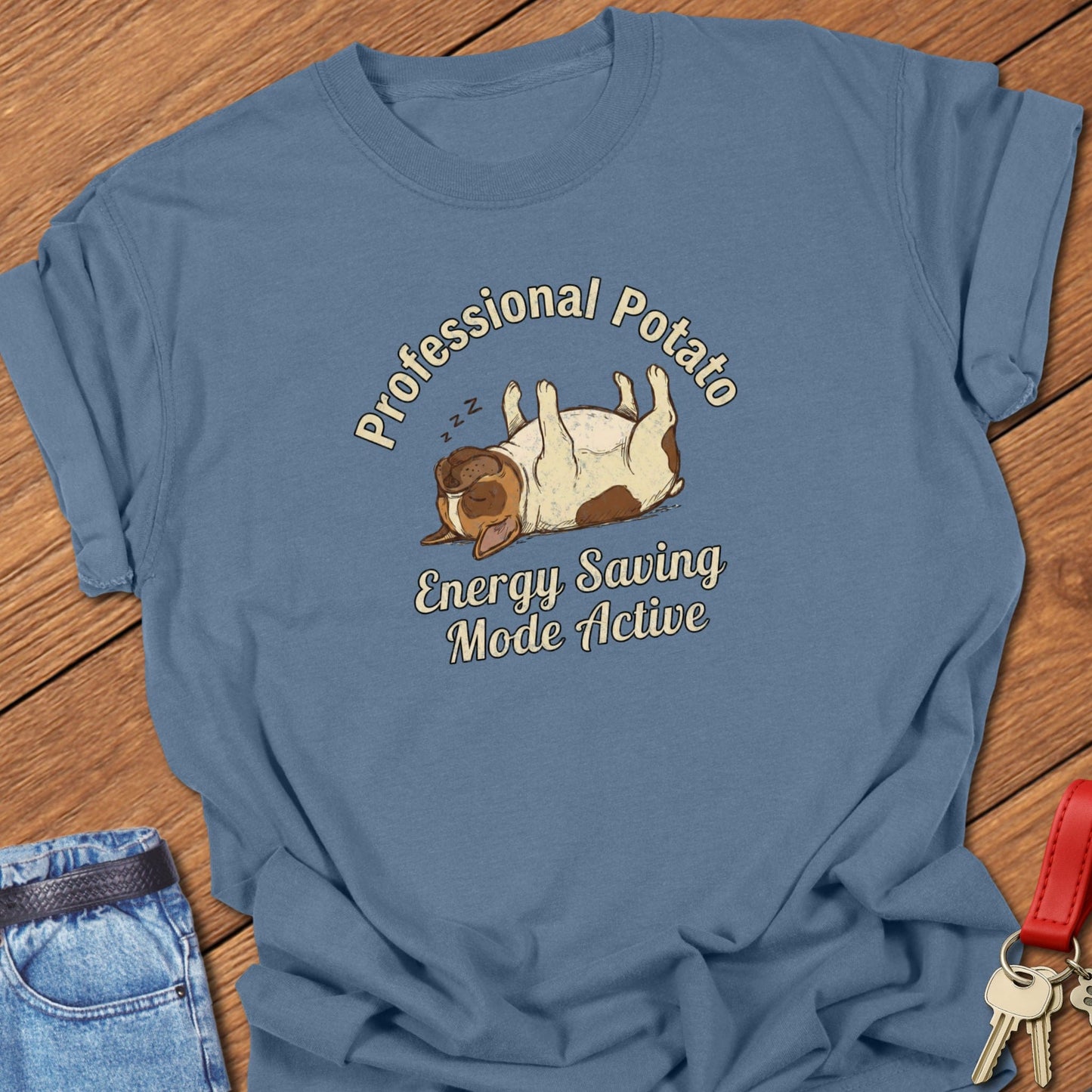 French bulldog sleeping potato cartoon illustration printed on blue jean Comfort Colors t shirt