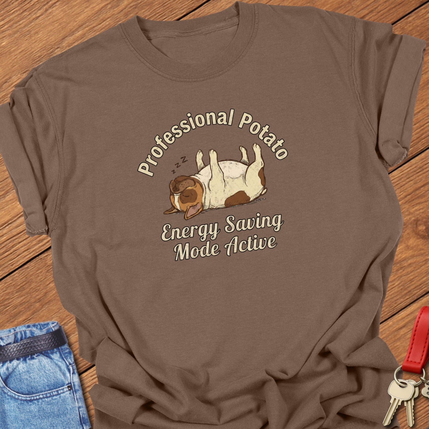 French bulldog sleeping potato cartoon illustration printed on espresso Comfort Colors t shirt