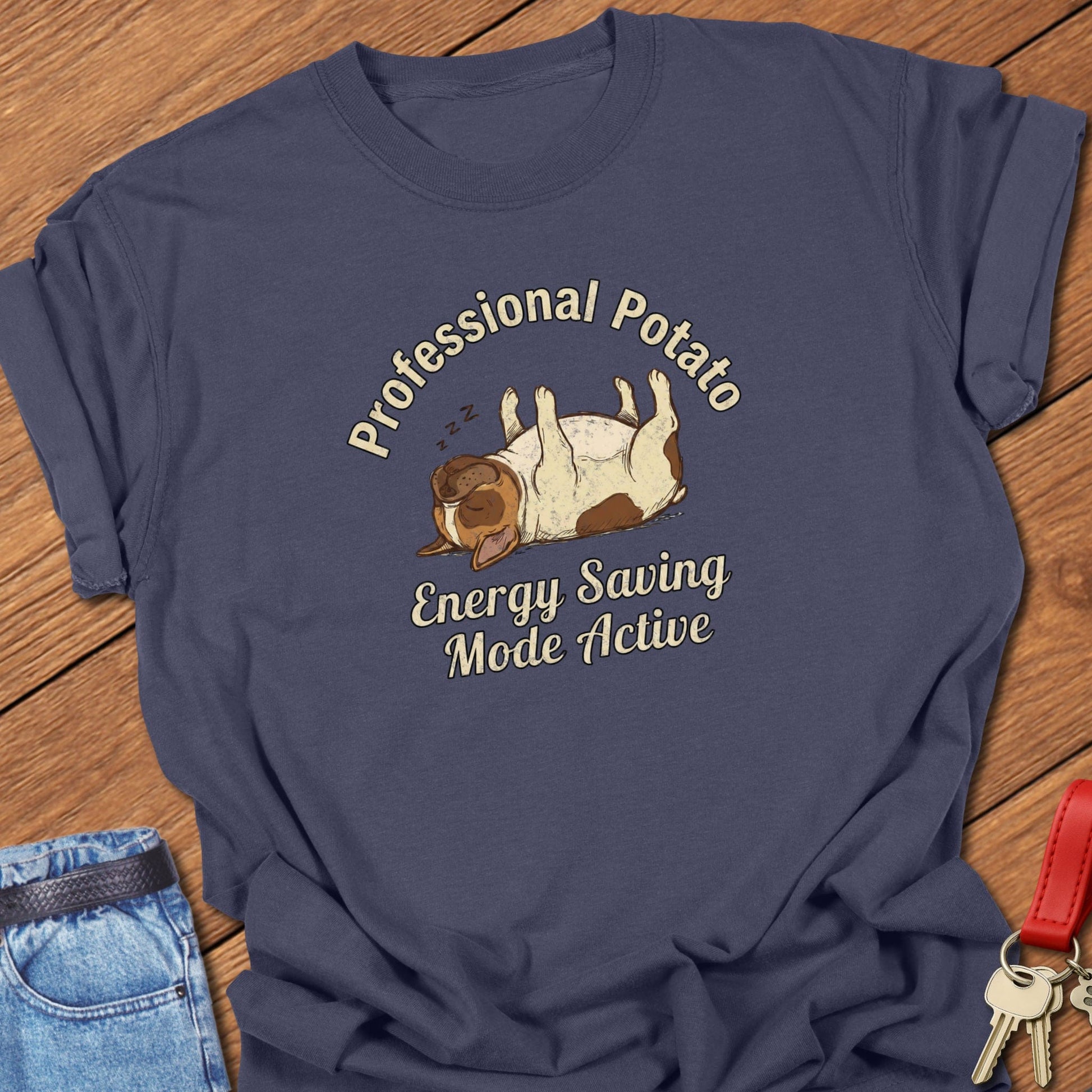 French bulldog sleeping potato cartoon illustration printed on navy Comfort Colors t shirt