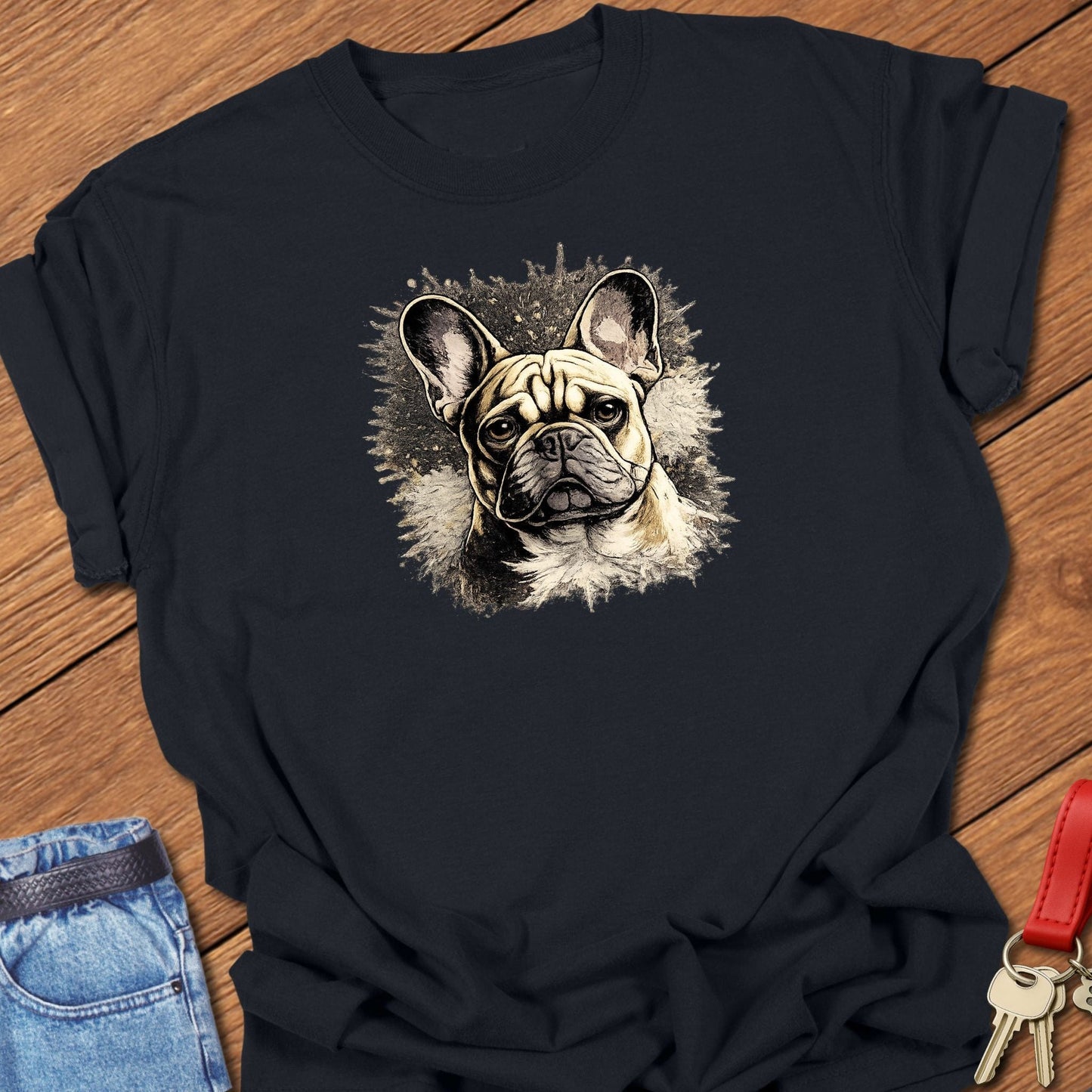 French bulldog realistic portrait illustration graphic printed on black Comfort Colors t shirt.