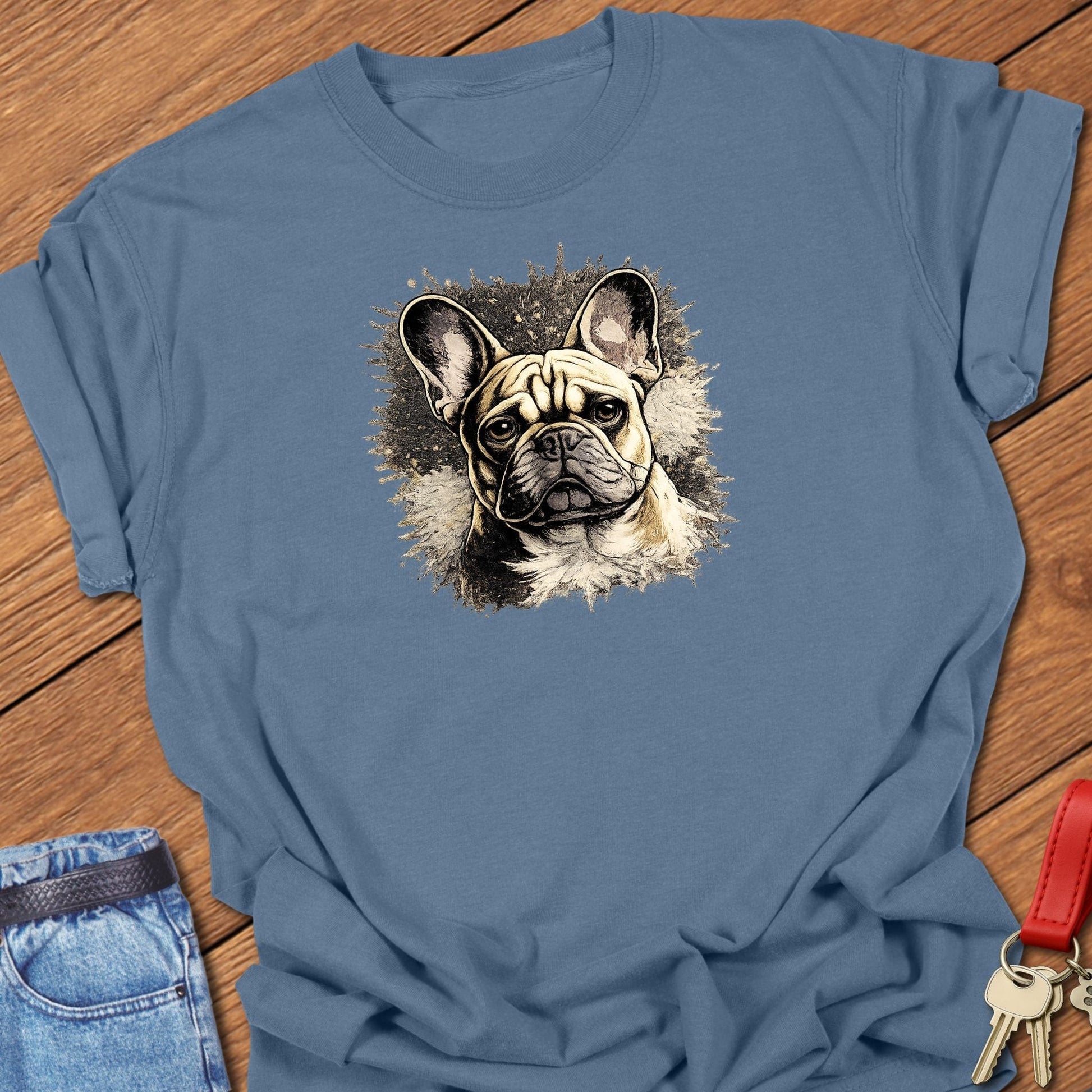 French bulldog realistic portrait illustration graphic printed on blue jean Comfort Colors t shirt.