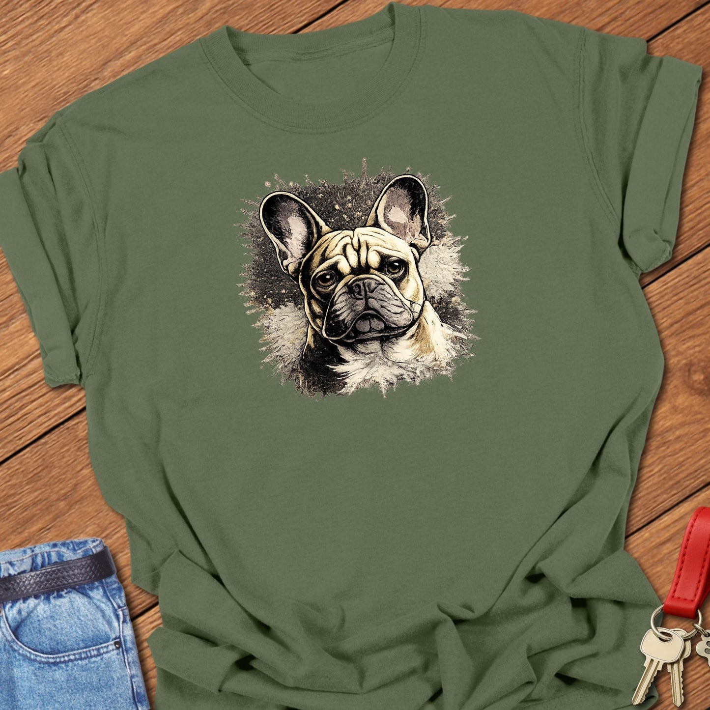French bulldog realistic portrait illustration graphic printed on moss Comfort Colors t shirt.