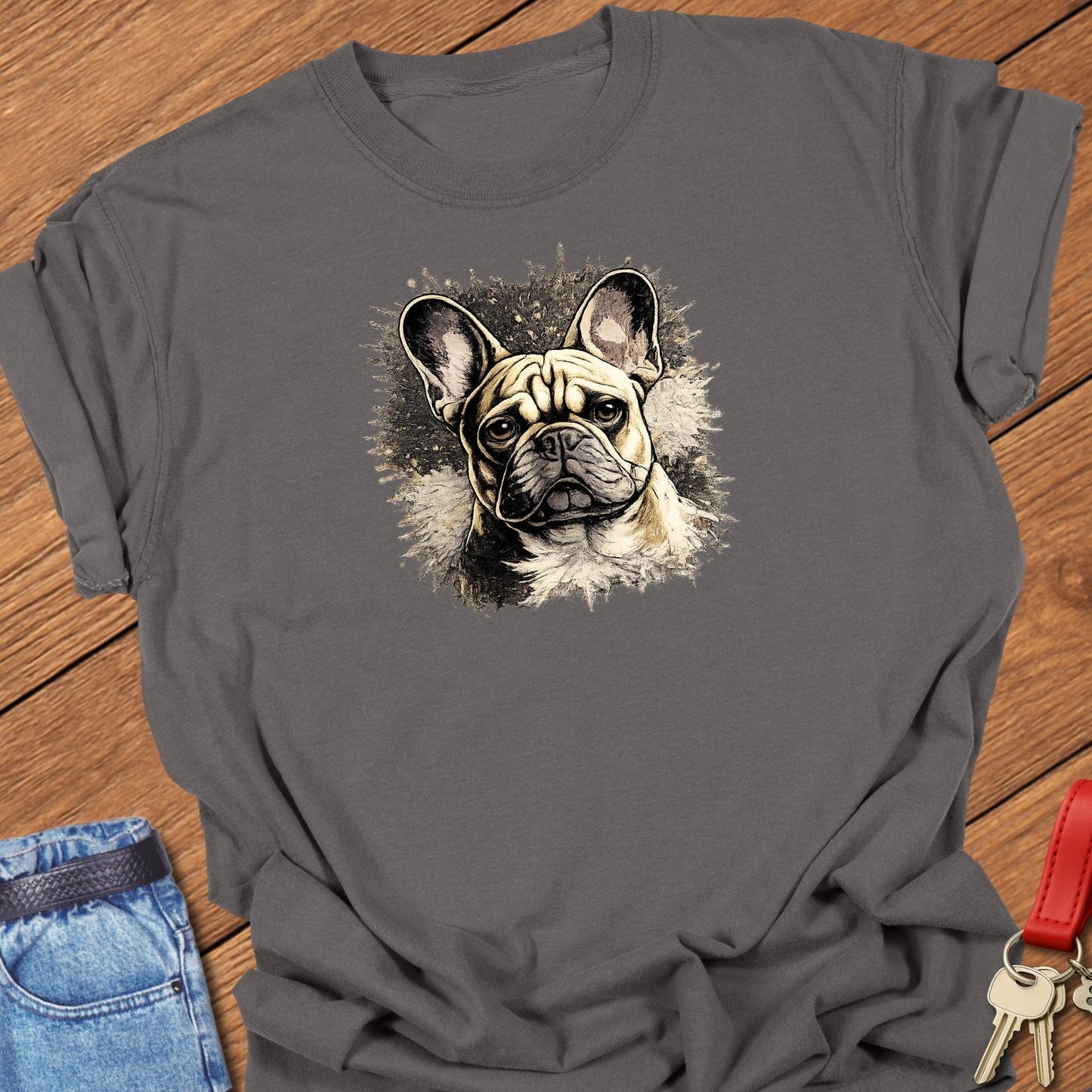 French bulldog realistic portrait illustration graphic printed on pepper Comfort Colors t shirt.
