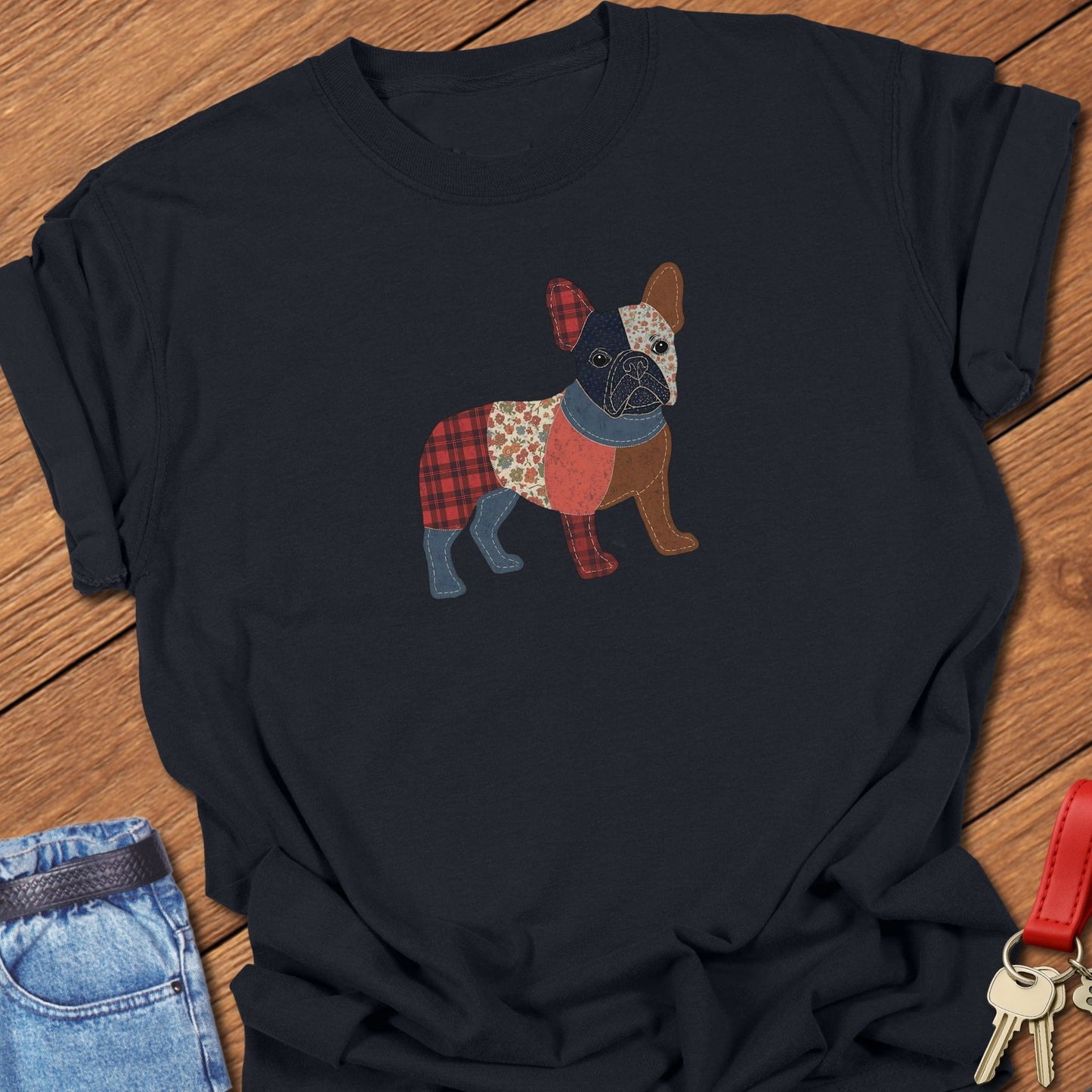 French bulldog patchwork illustration printed on black Comfort Colors t shirt