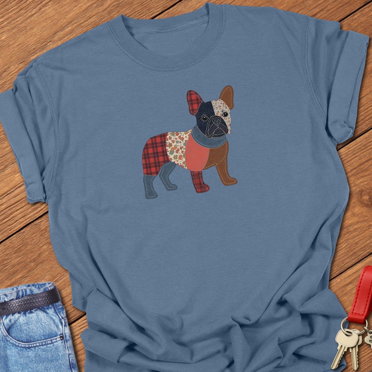 French bulldog patchwork illustration printed on blue jean Comfort Colors t shirt