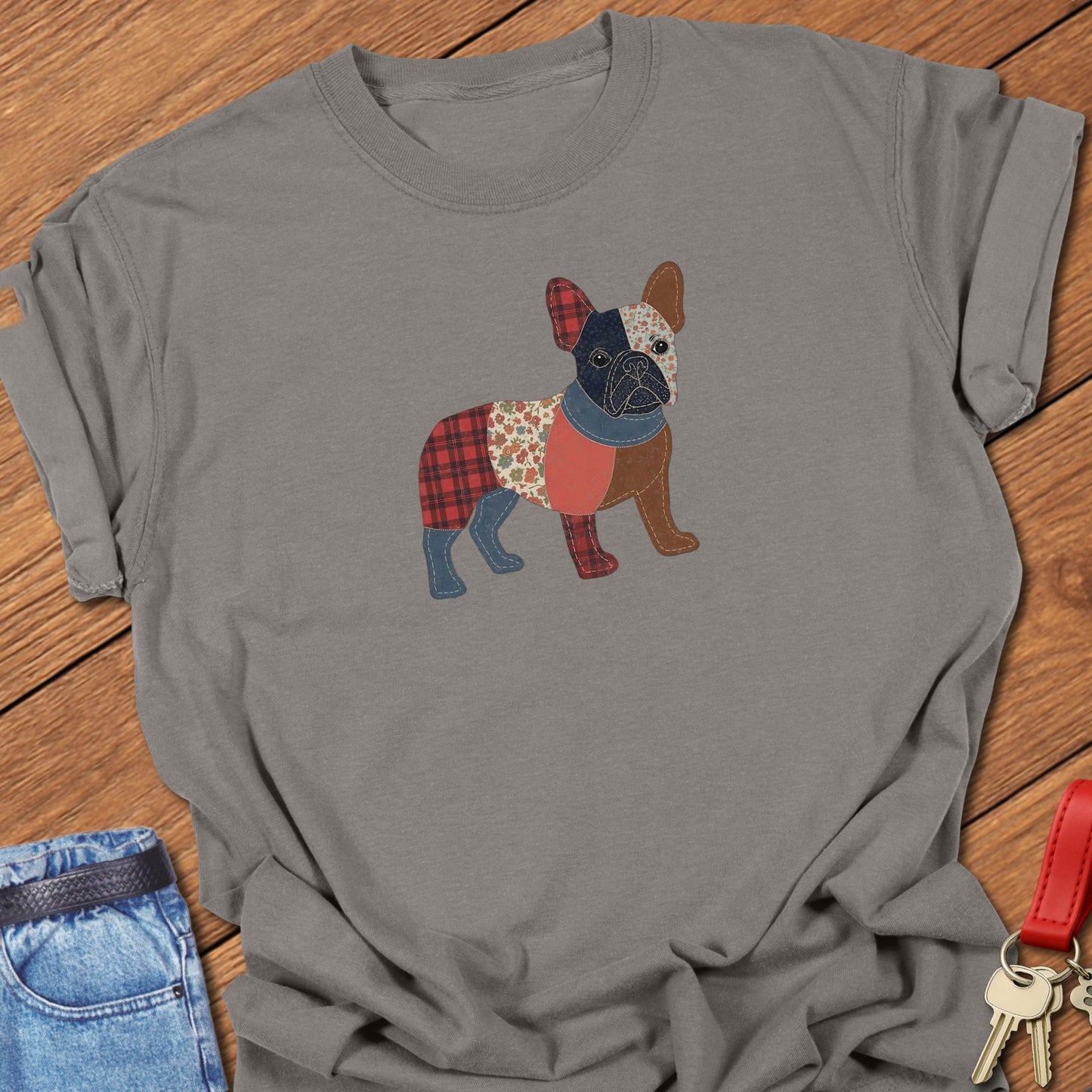 French bulldog patchwork illustration printed on grey Comfort Colors t shirt

If you want, I can also: