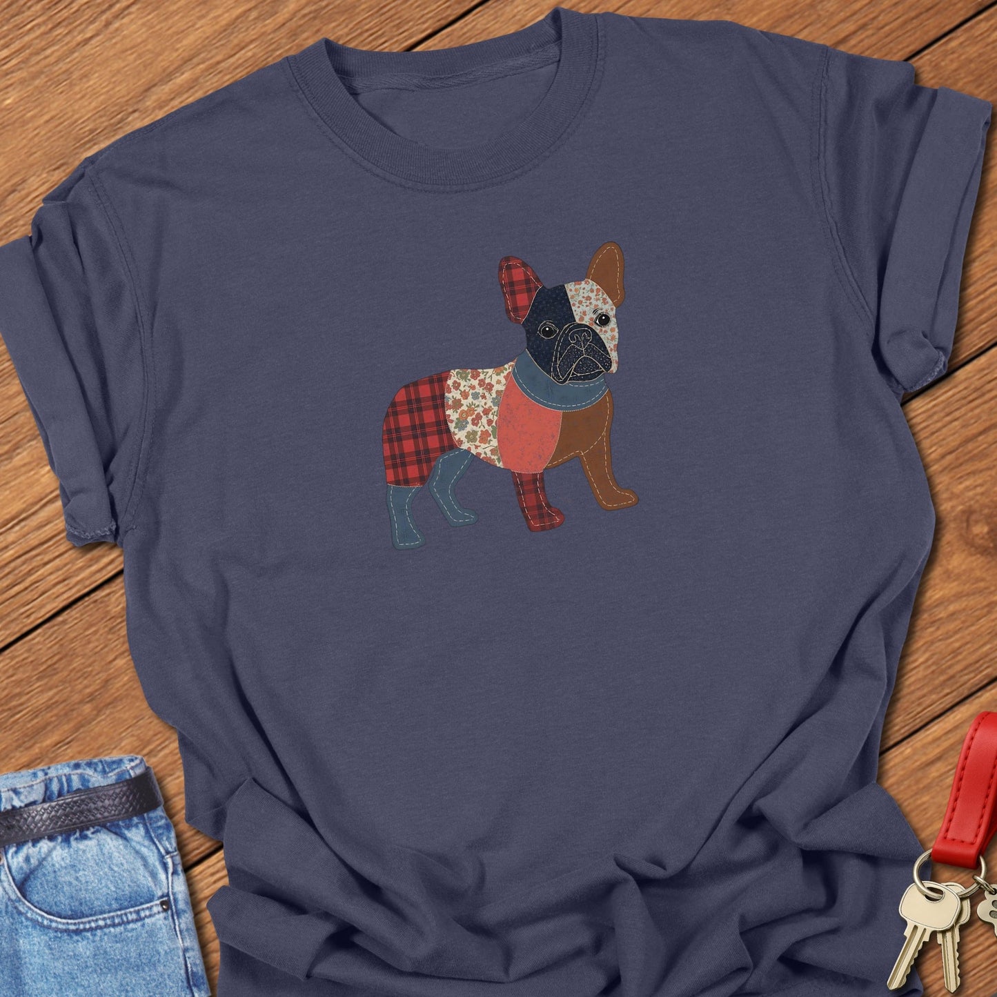 French bulldog patchwork illustration printed on navy Comfort Colors t shirt