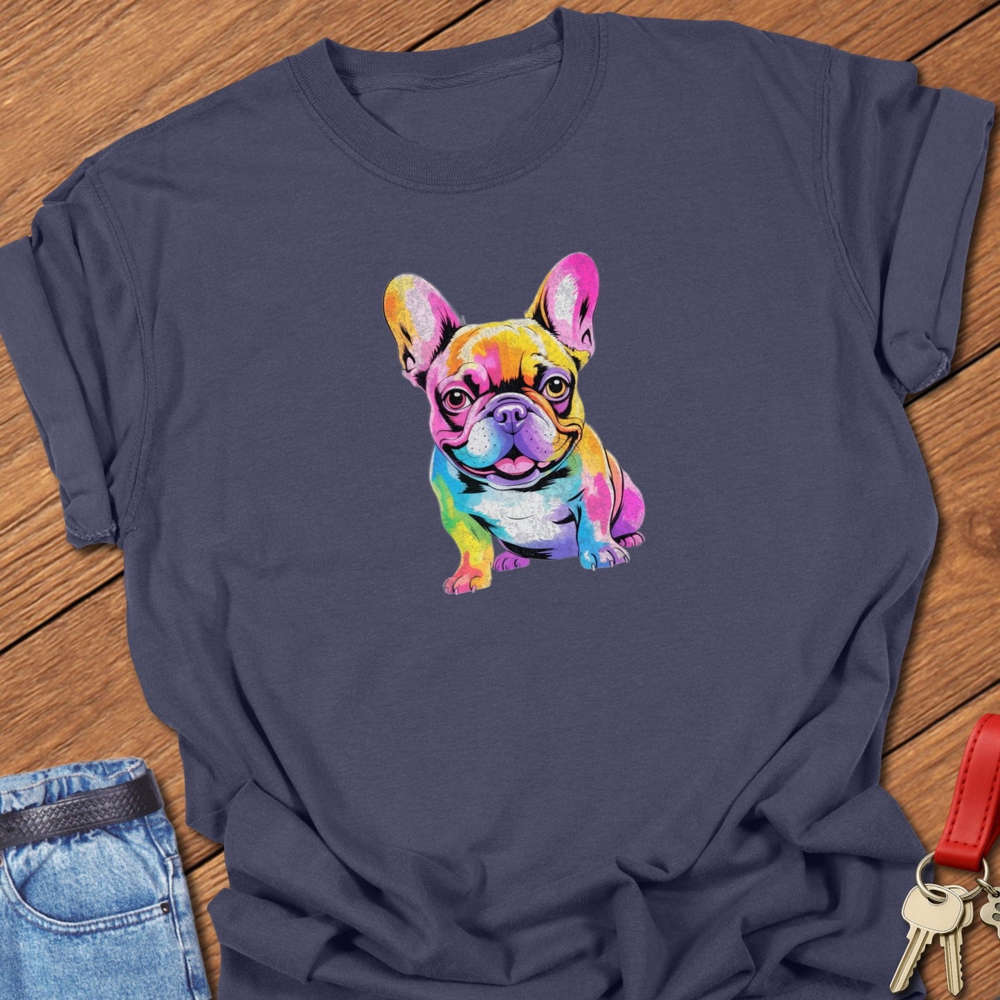 French bulldog colorful pop art portrait design printed on navy Comfort Colors t shirt