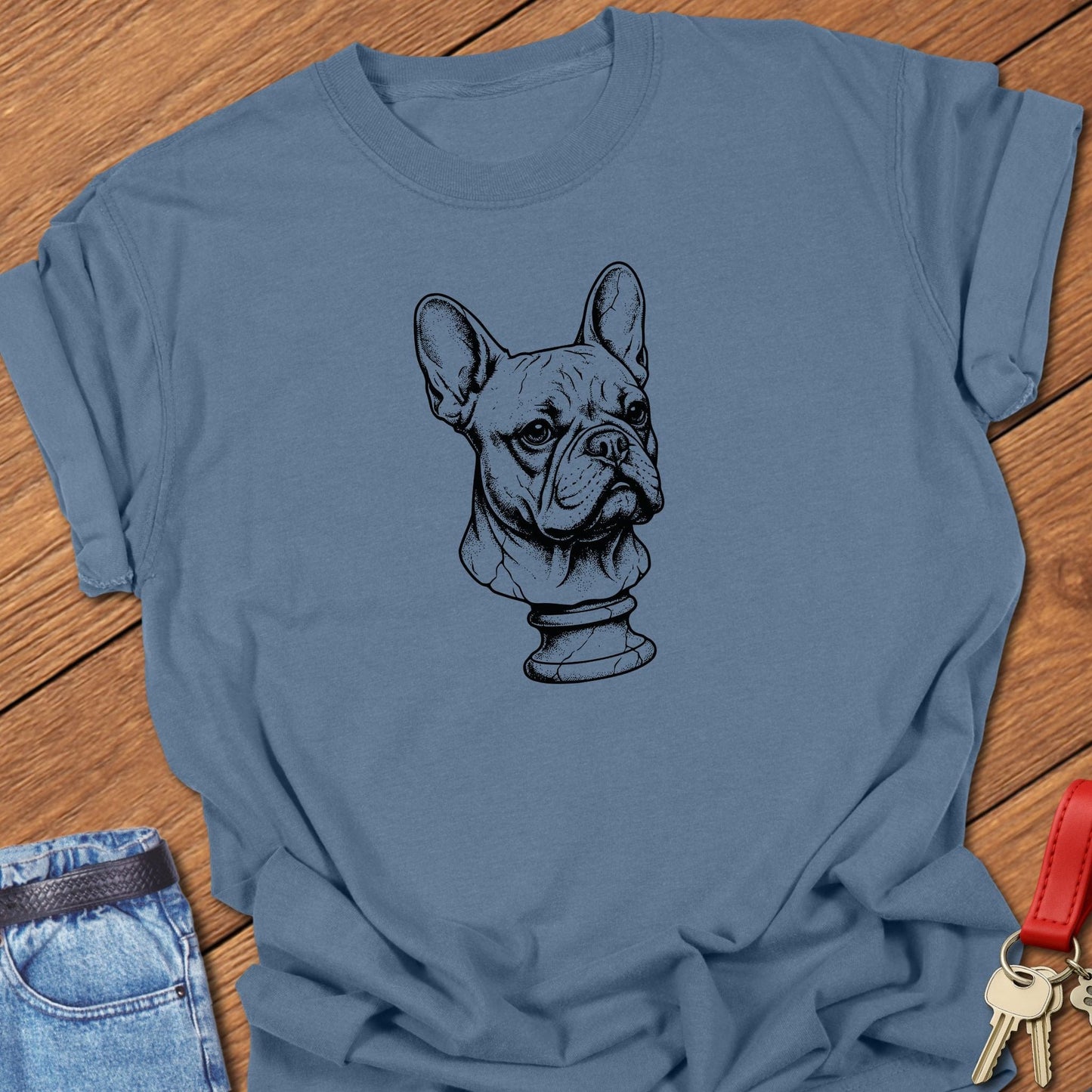 French bulldog vintage bust illustration graphic printed on blue jean Comfort Colors t shirt.