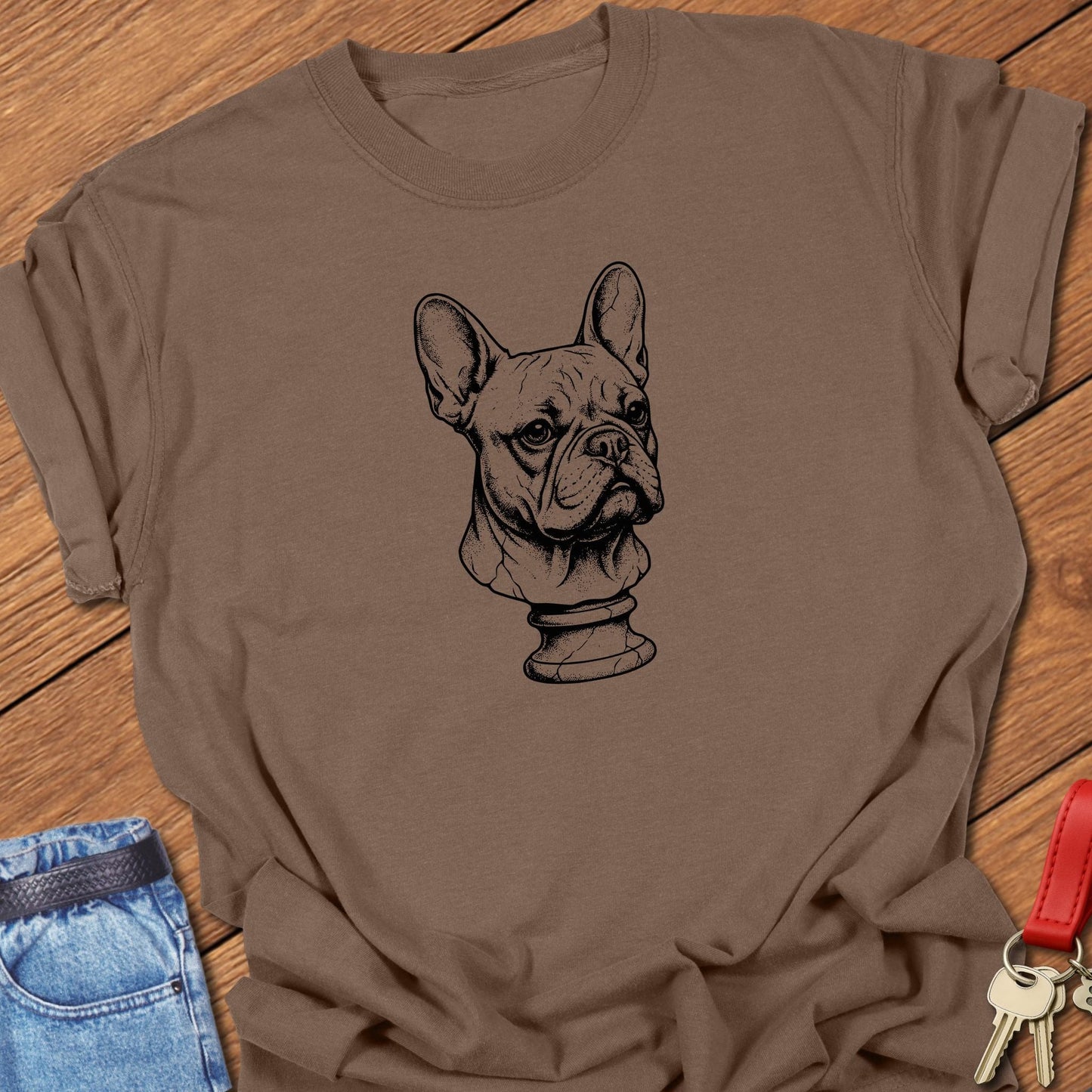 French bulldog vintage bust illustration graphic printed on pepper Comfort Colors t shirt.