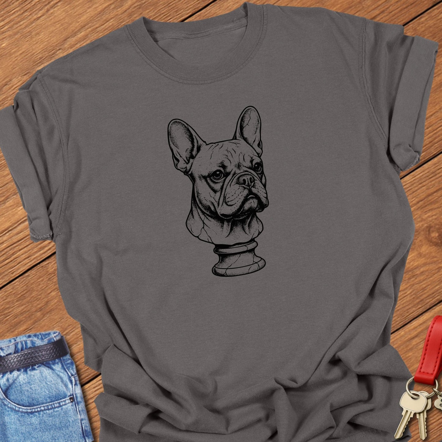 French bulldog vintage bust illustration graphic printed on espresso Comfort Colors t shirt.
