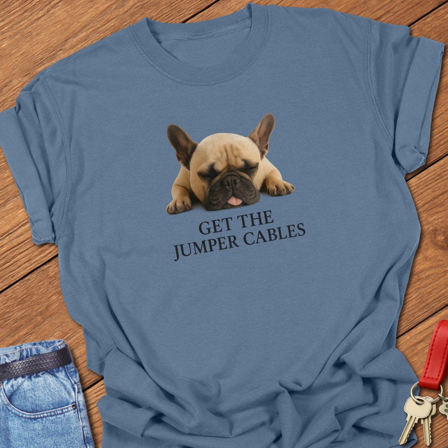 French bulldog sleeping with “Get the Jumper Cables” text design printed on orchid Comfort Colors t shirt