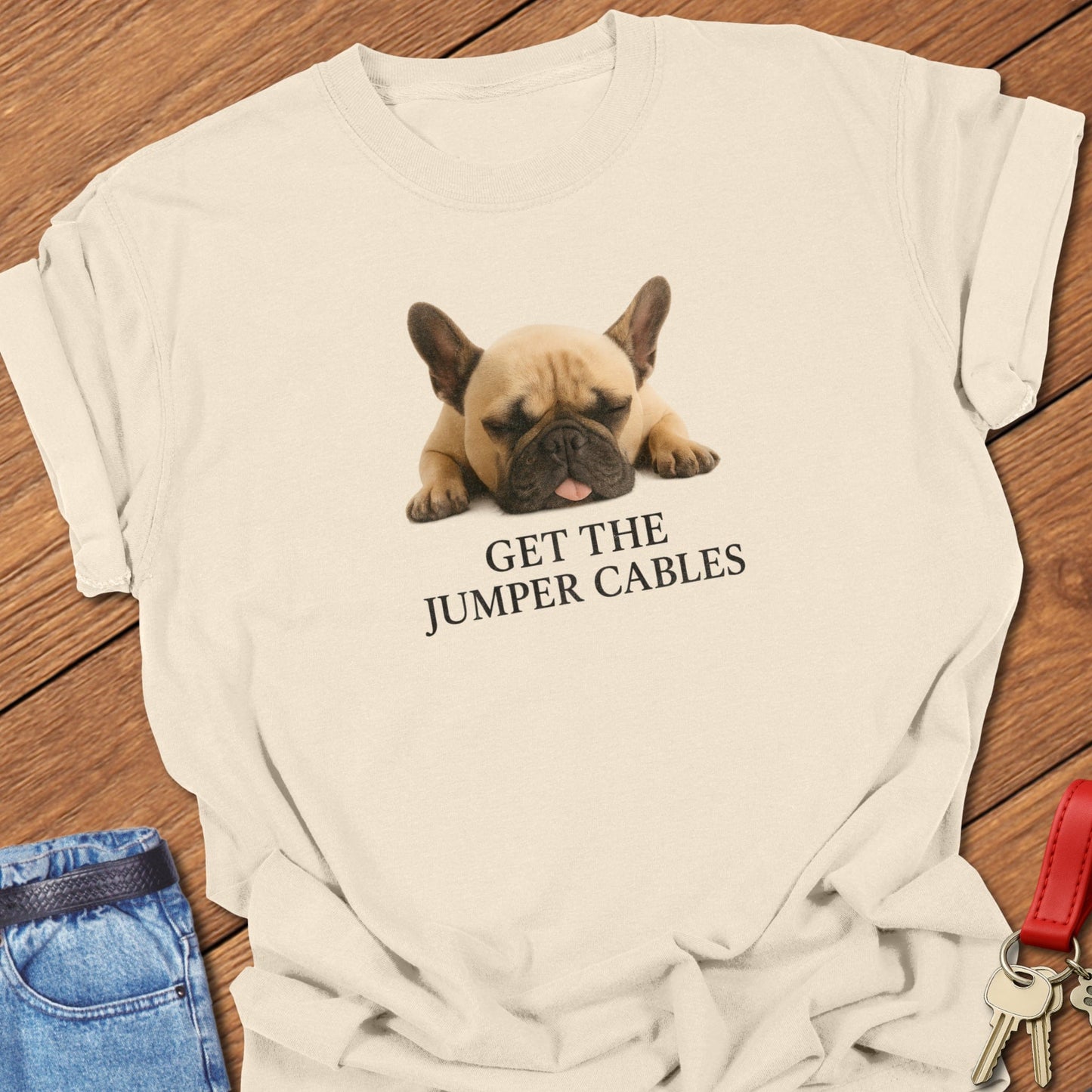 French bulldog sleeping with “Get the Jumper Cables” text design printed on grey Comfort Colors t shirt