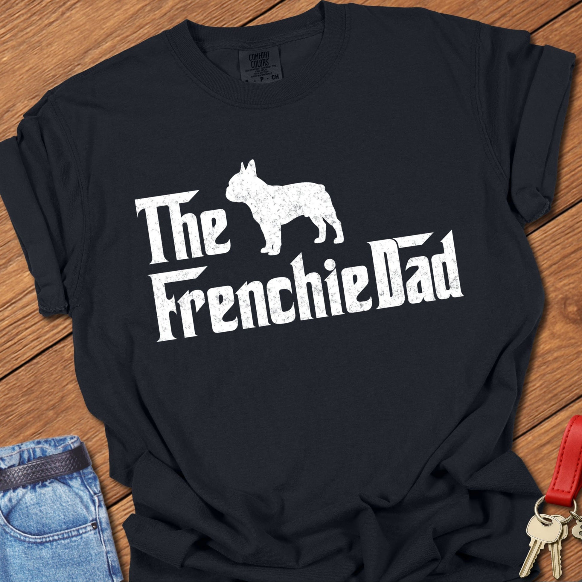 French bulldog dad vintage typography graphic with distressed Frenchie silhouette printed on black Comfort Colors t shirt