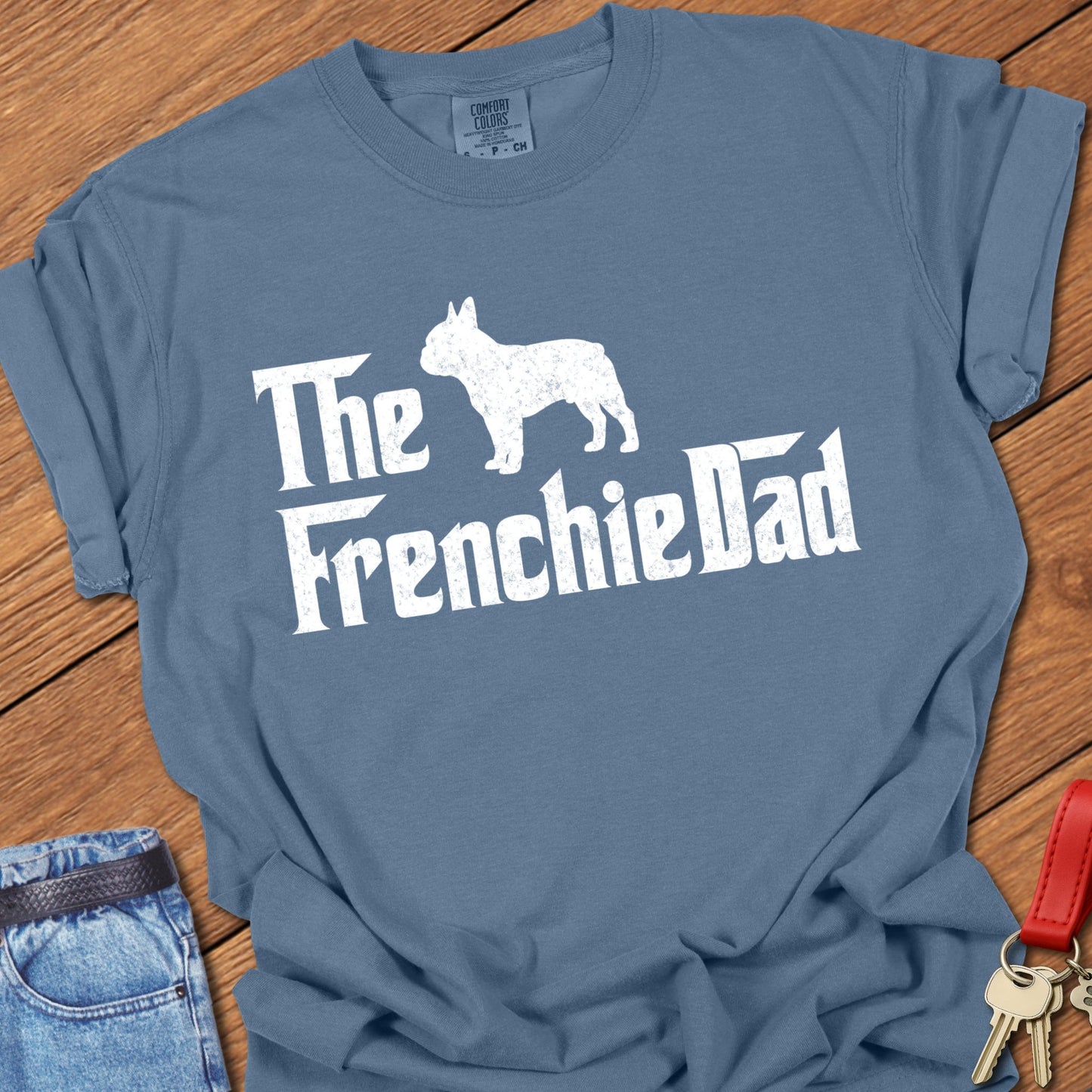 French bulldog dad vintage typography graphic with distressed Frenchie silhouette printed on blue jean Comfort Colors t shirt