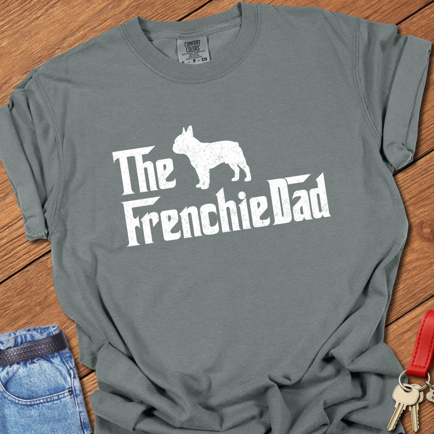 French bulldog dad vintage typography graphic with distressed Frenchie silhouette printed on granite Comfort Colors t shirt