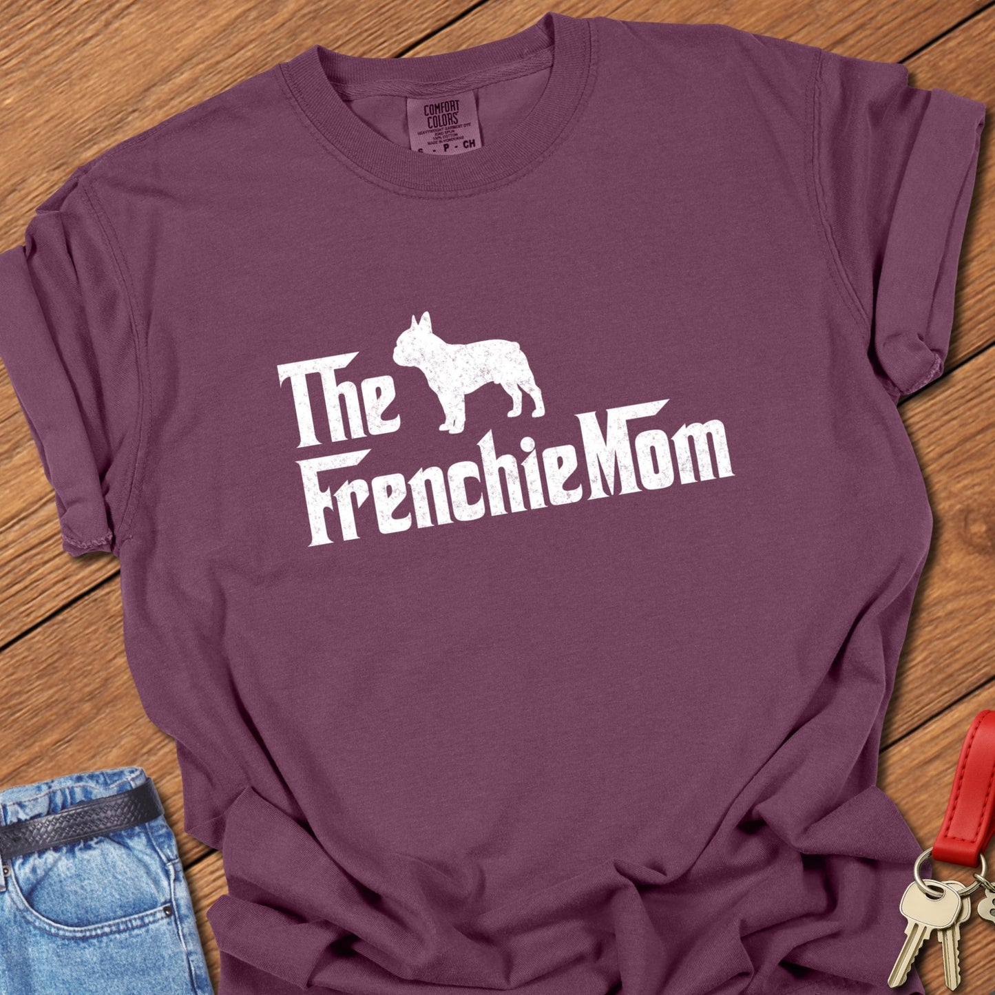 French bulldog mom vintage typography graphic with distressed Frenchie silhouette printed on berry Comfort Colors t shirt