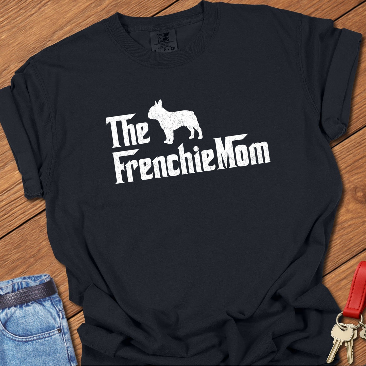 French bulldog mom vintage typography graphic with distressed Frenchie silhouette printed on black Comfort Colors t shirt