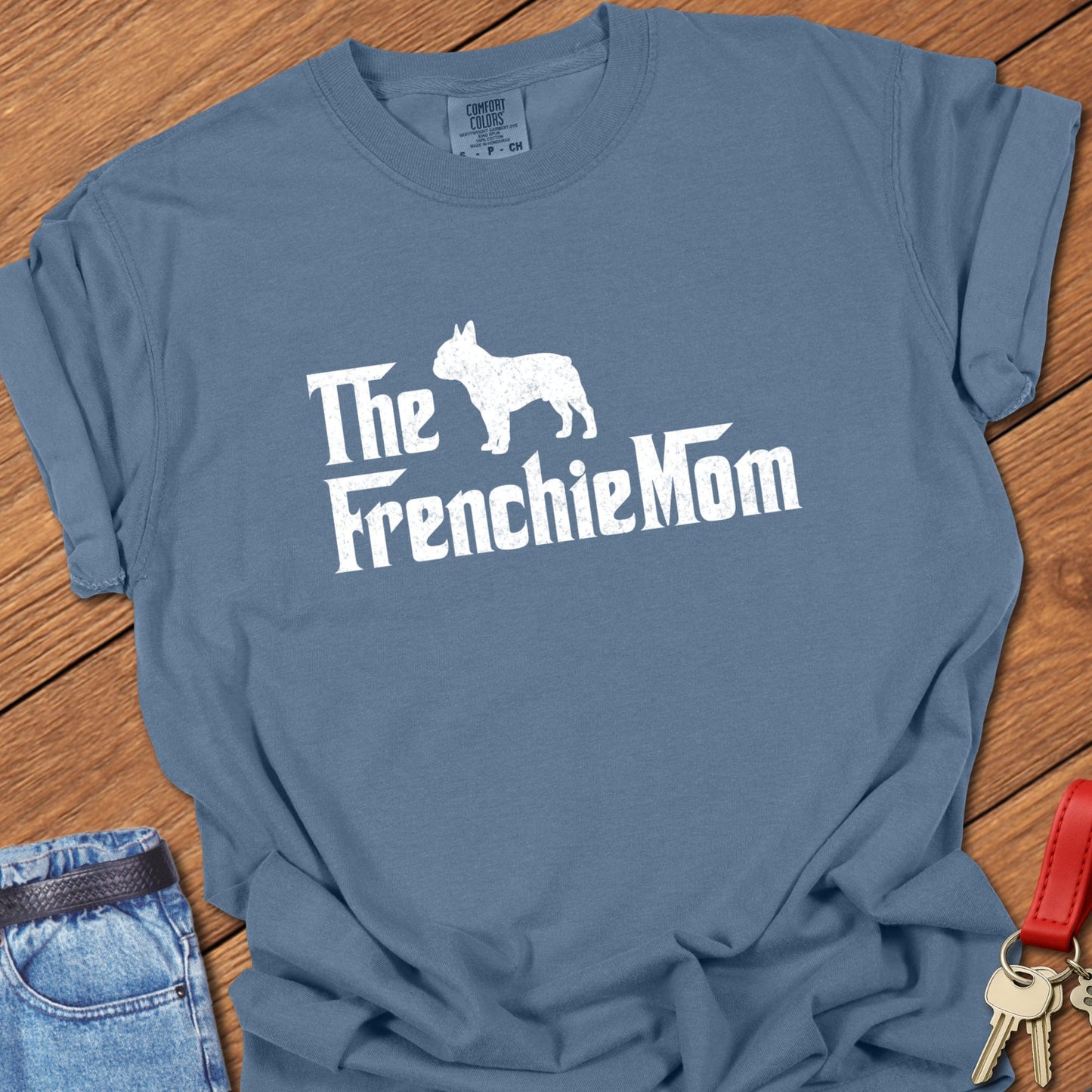 French bulldog mom vintage typography graphic with distressed Frenchie silhouette printed on blue jean Comfort Colors t shirt