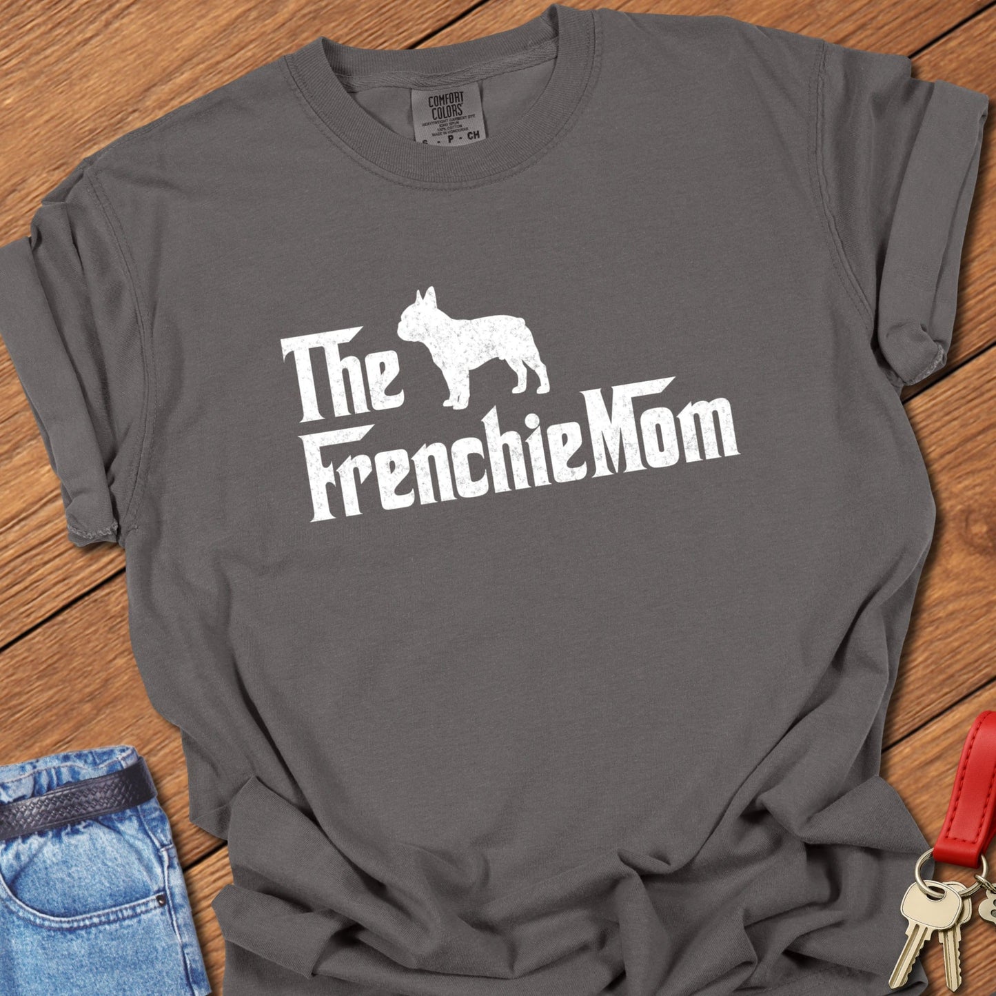 French bulldog mom vintage typography graphic with distressed Frenchie silhouette printed on pepper Comfort Colors t shirt