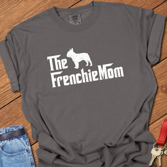French bulldog mom vintage typography graphic with distressed Frenchie silhouette printed on pepper Comfort Colors t shirt