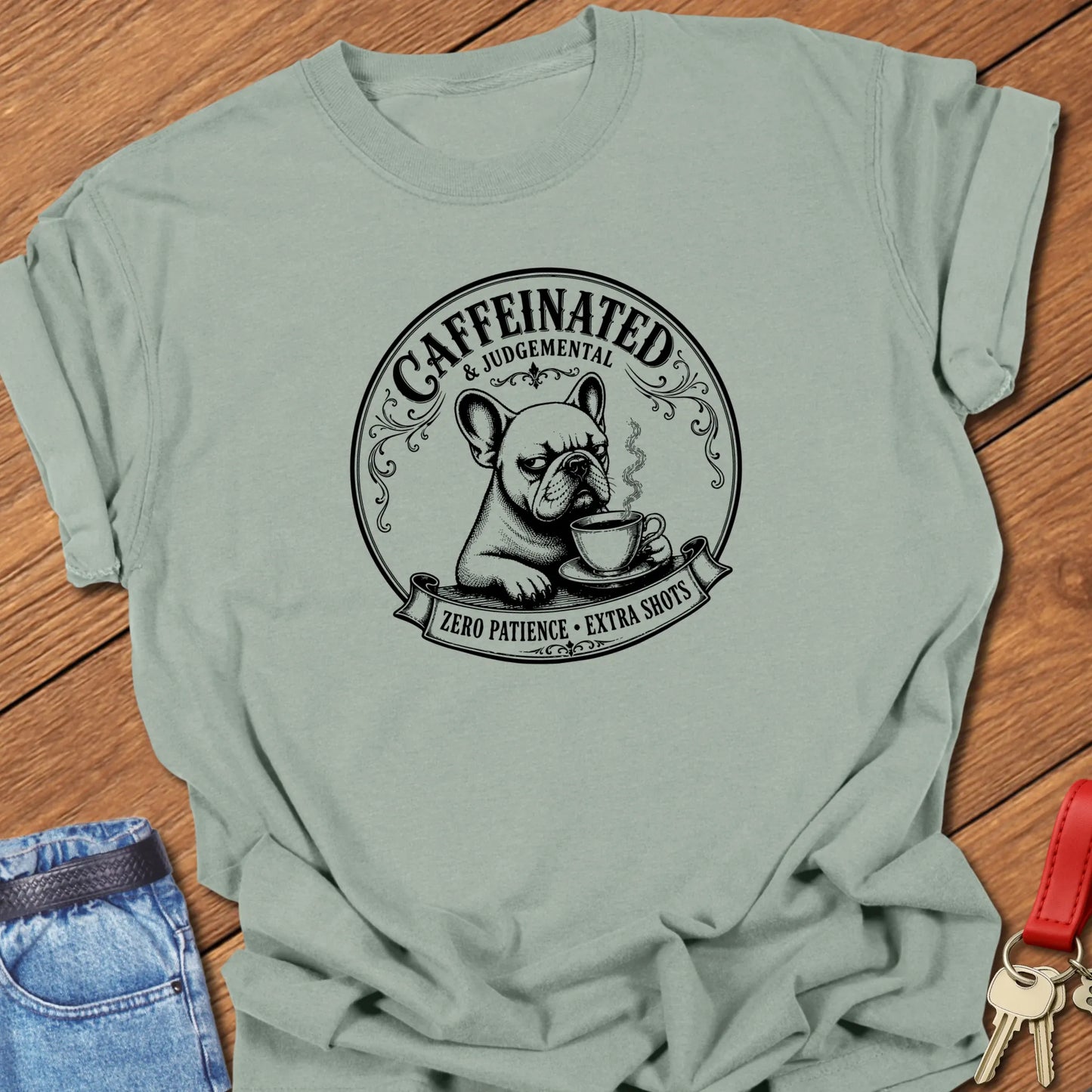 Zero Patience French Bulldog graphic t-shirt featuring "Caffeinated & Judgemental" and "Zero Patience. Extra Shots." slogans with vintage café artwork in Bay color.