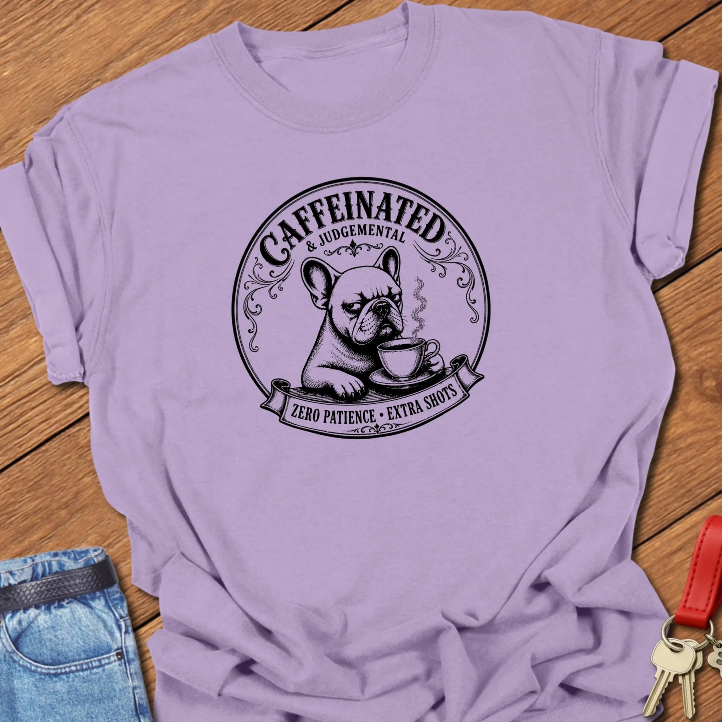 Zero Patience French Bulldog graphic t-shirt featuring "Caffeinated & Judgemental" and "Zero Patience. Extra Shots." slogans with vintage café artwork in Orchid color.