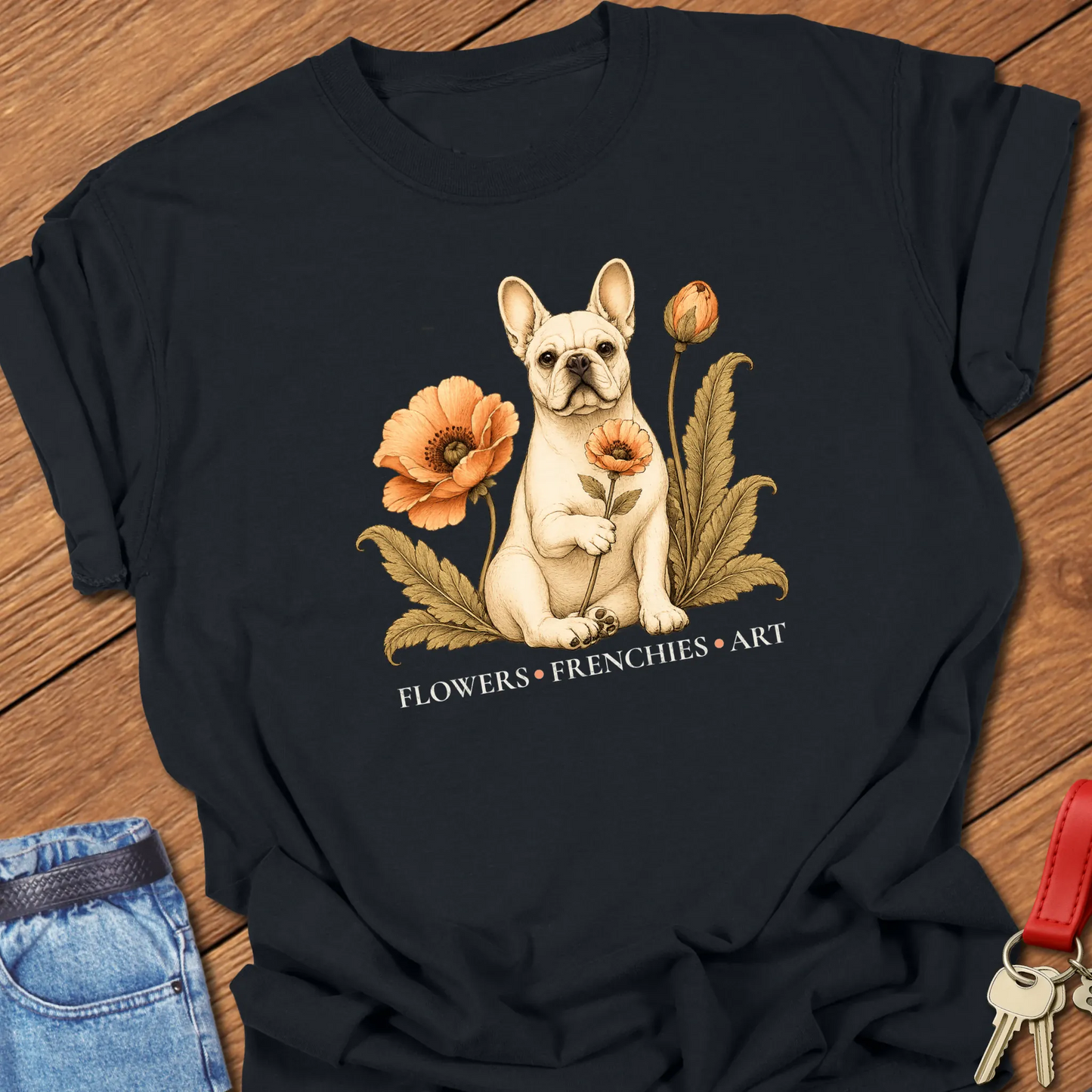 Cream French Bulldog surrounded by vintage-inspired poppy flowers and botanical foliage with the phrase "Flowers • Frenchies • Art" printed on a Comfort Colors® garment-dyed t-shirt in Black color.