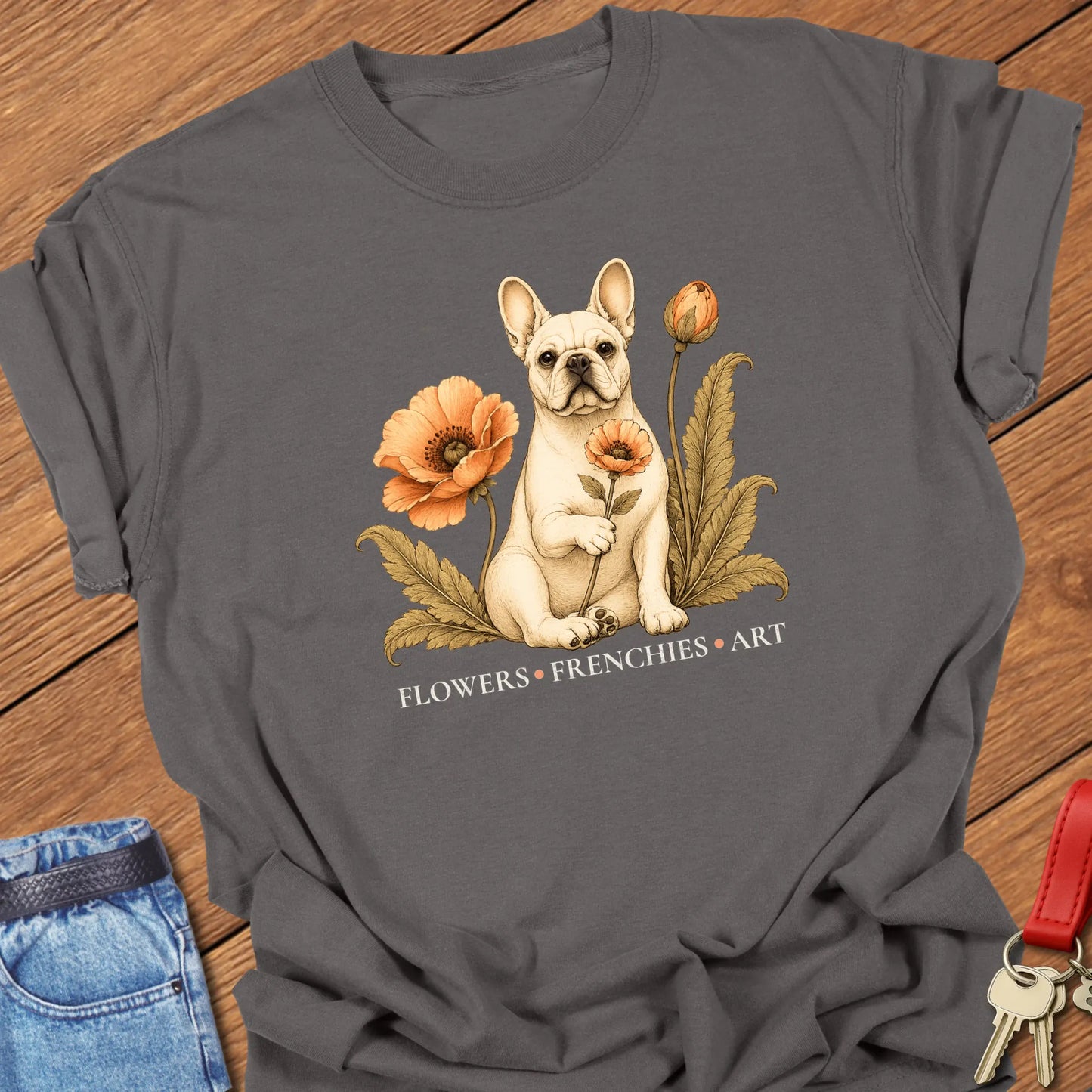 Cream French Bulldog surrounded by vintage-inspired poppy flowers and botanical foliage with the phrase "Flowers • Frenchies • Art" printed on a Comfort Colors® garment-dyed t-shirt in Pepper color.