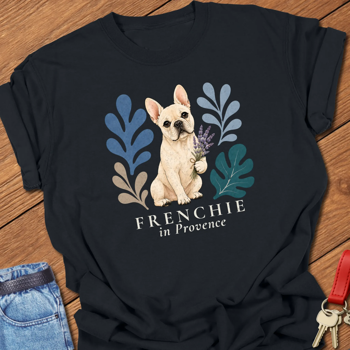 Cream French Bulldog holding a lavender bouquet surrounded by botanical artwork with the phrase "Frenchie in Provence" printed on a Comfort Colors® garment-dyed t-shirt in Black color.