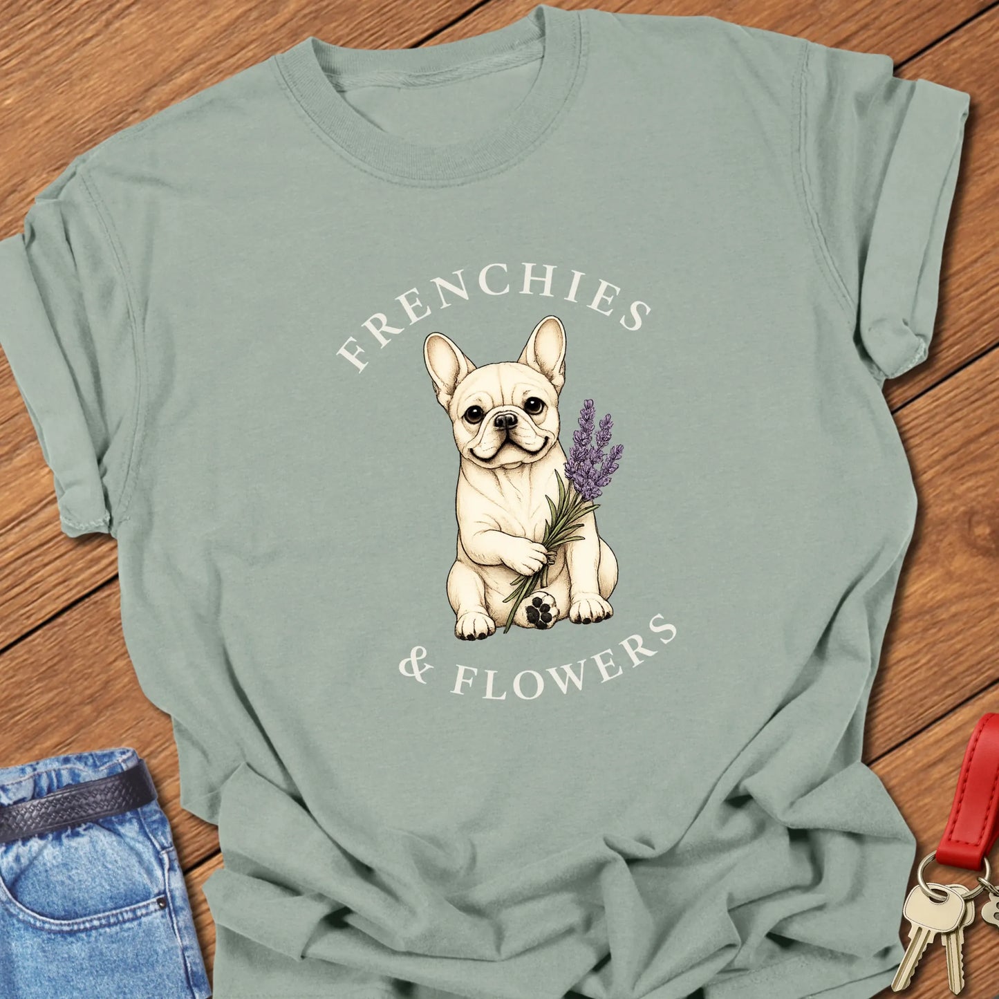 Frenchie Lavender botanical French Bulldog illustration with lavender sprig and Frenchies & Flowers typography printed on Comfort Colors® t-shirt in Bay Color