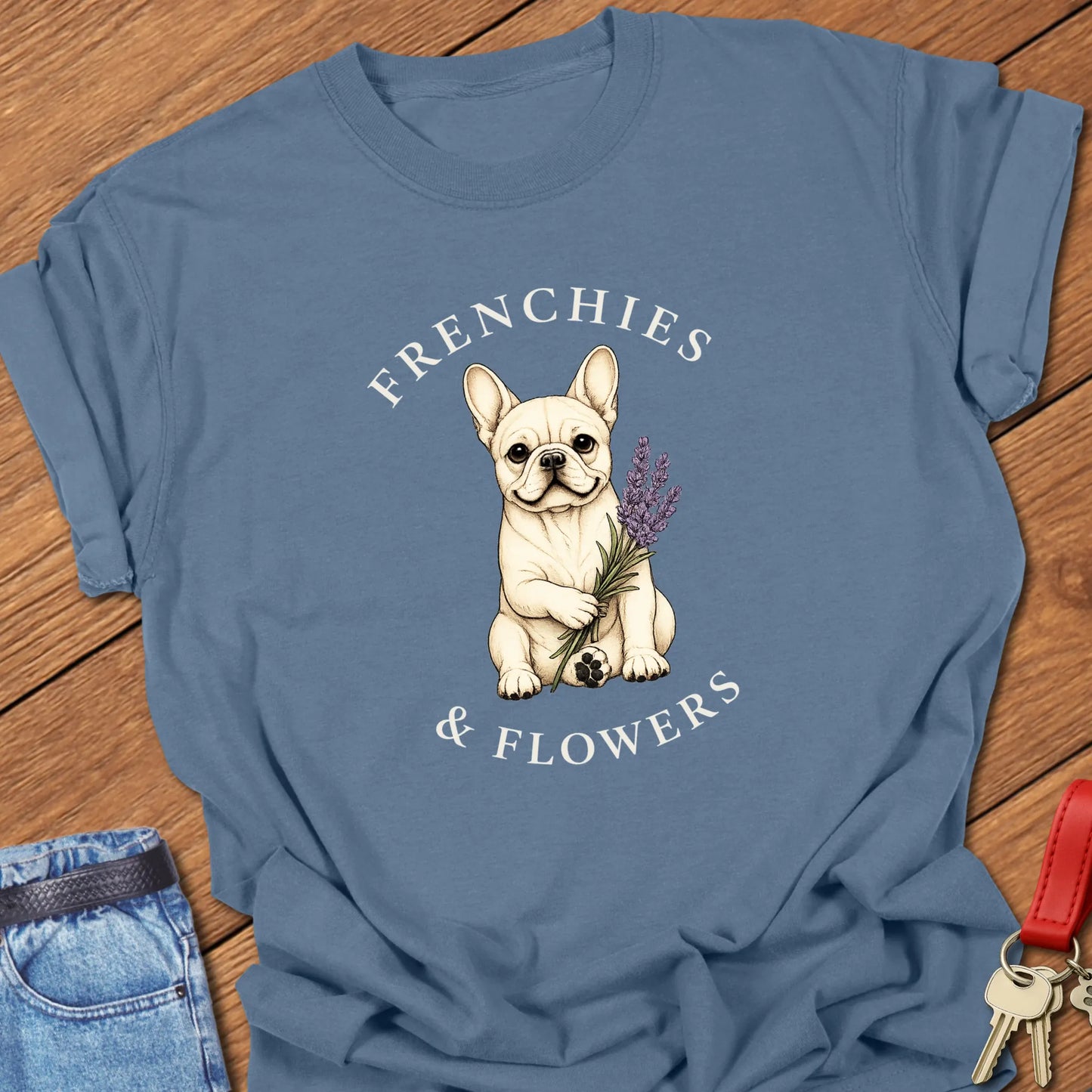 Frenchie Lavender botanical French Bulldog illustration with lavender sprig and Frenchies & Flowers typography printed on Comfort Colors® t-shirt in Blue Jean Color