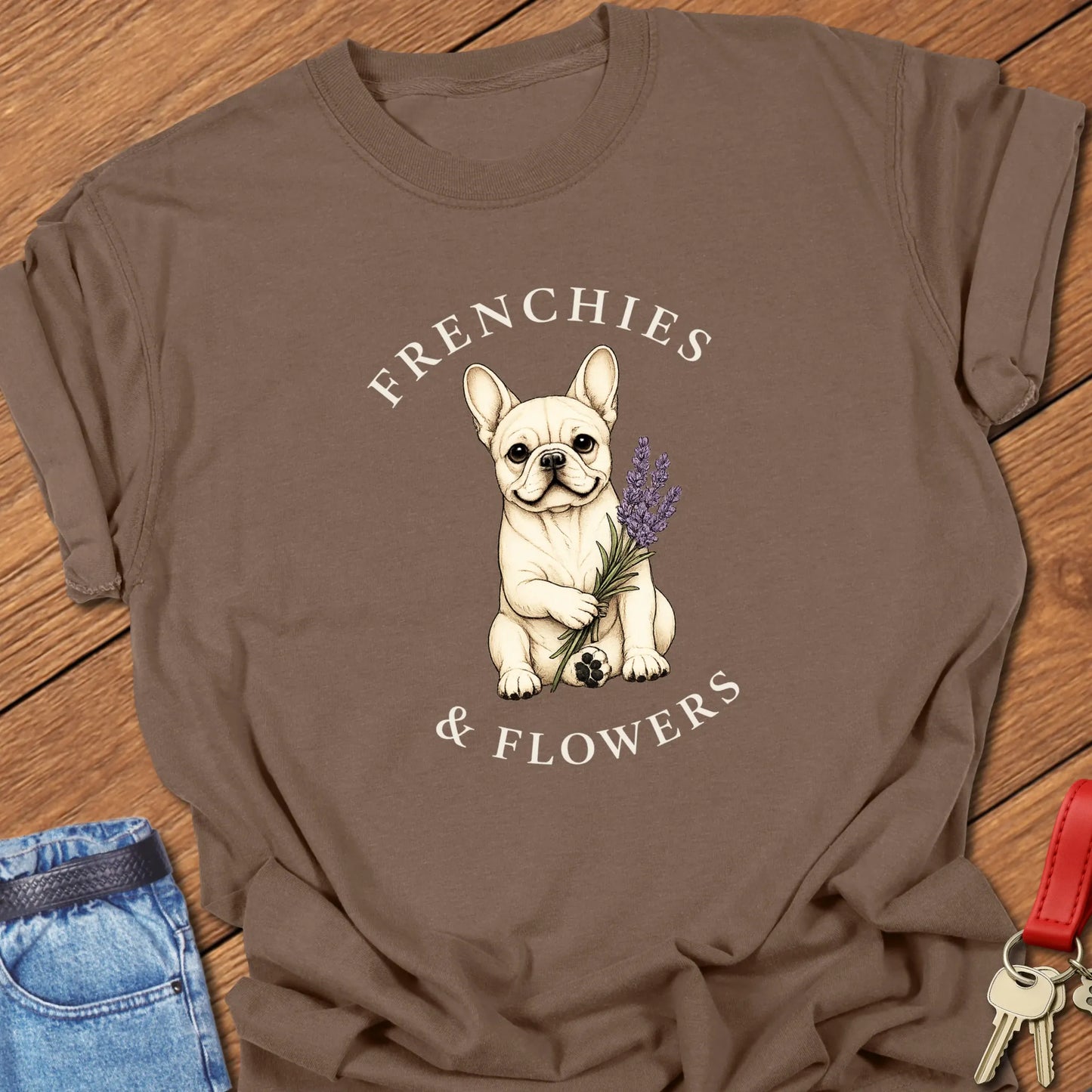 Frenchie Lavender botanical French Bulldog illustration with lavender sprig and Frenchies & Flowers typography printed on Comfort Colors® t-shirt in Espresso Color