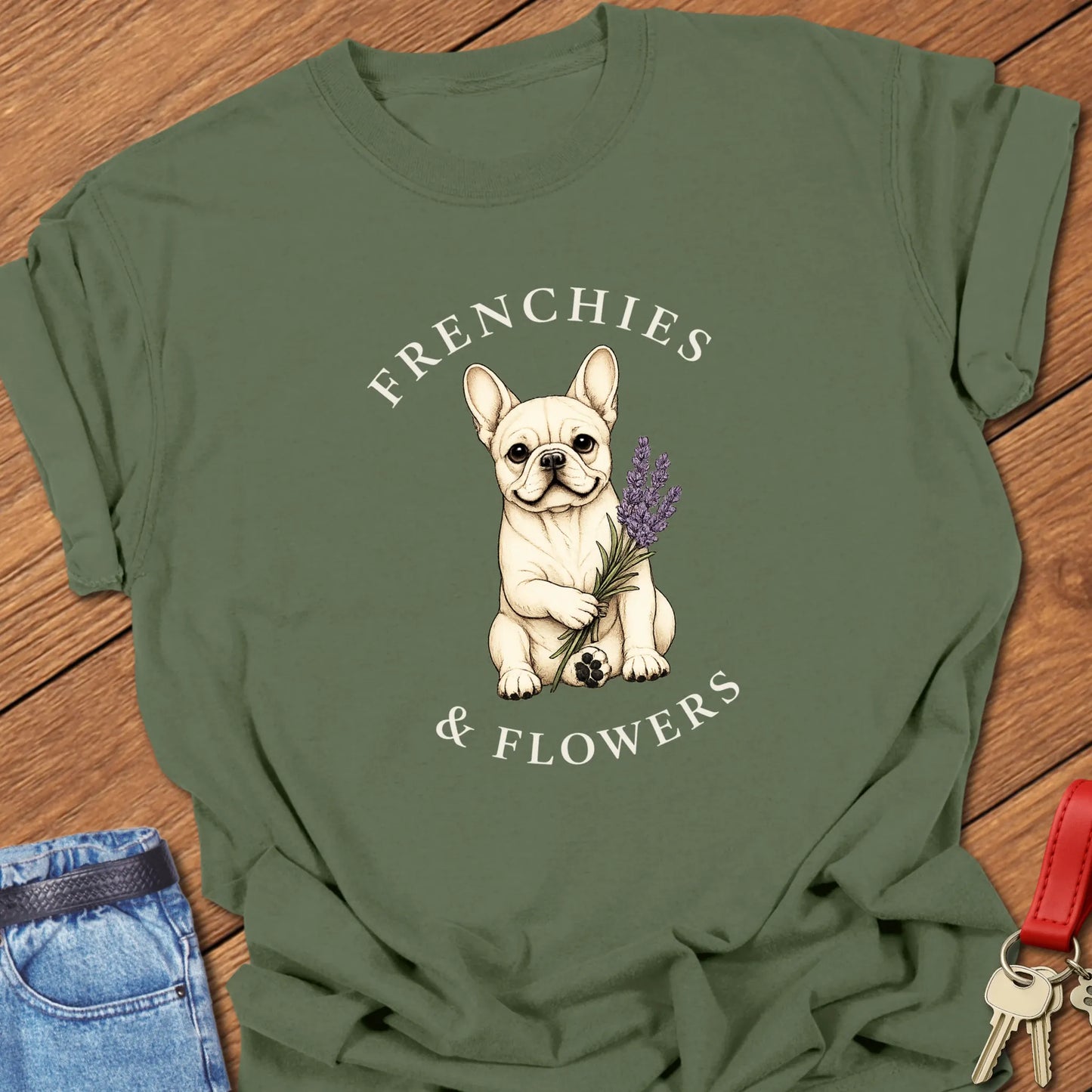 Frenchie Lavender botanical French Bulldog illustration with lavender sprig and Frenchies & Flowers typography printed on Comfort Colors® t-shirt in Moss Color