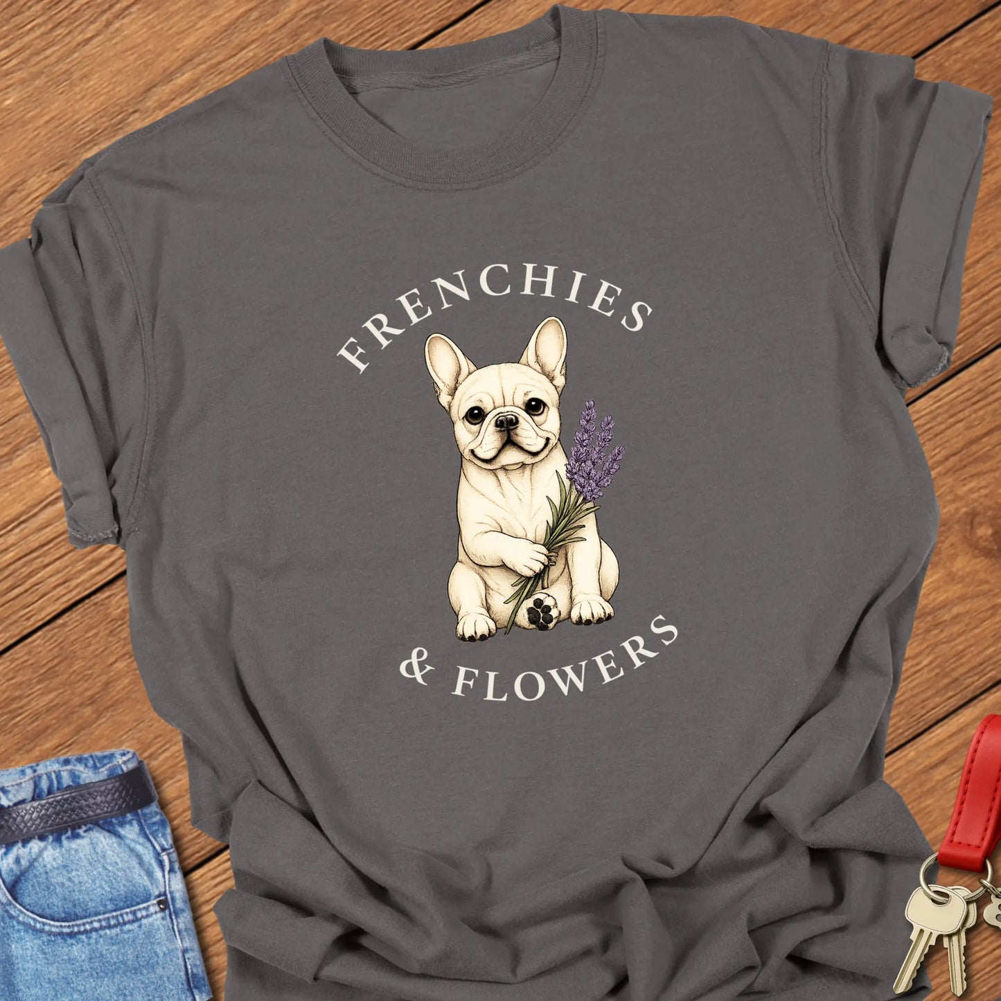 Frenchie Lavender botanical French Bulldog illustration with lavender sprig and Frenchies & Flowers typography printed on Comfort Colors® t-shirt in Pepper Color