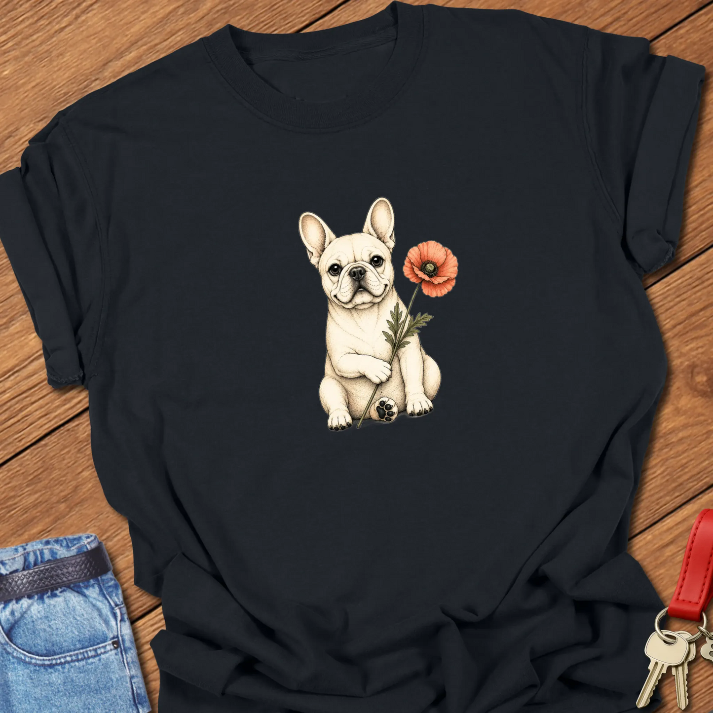 Frenchie Poppy Art cream French Bulldog holding red poppy flower printed on Comfort Colors® t-shirt in Black Color