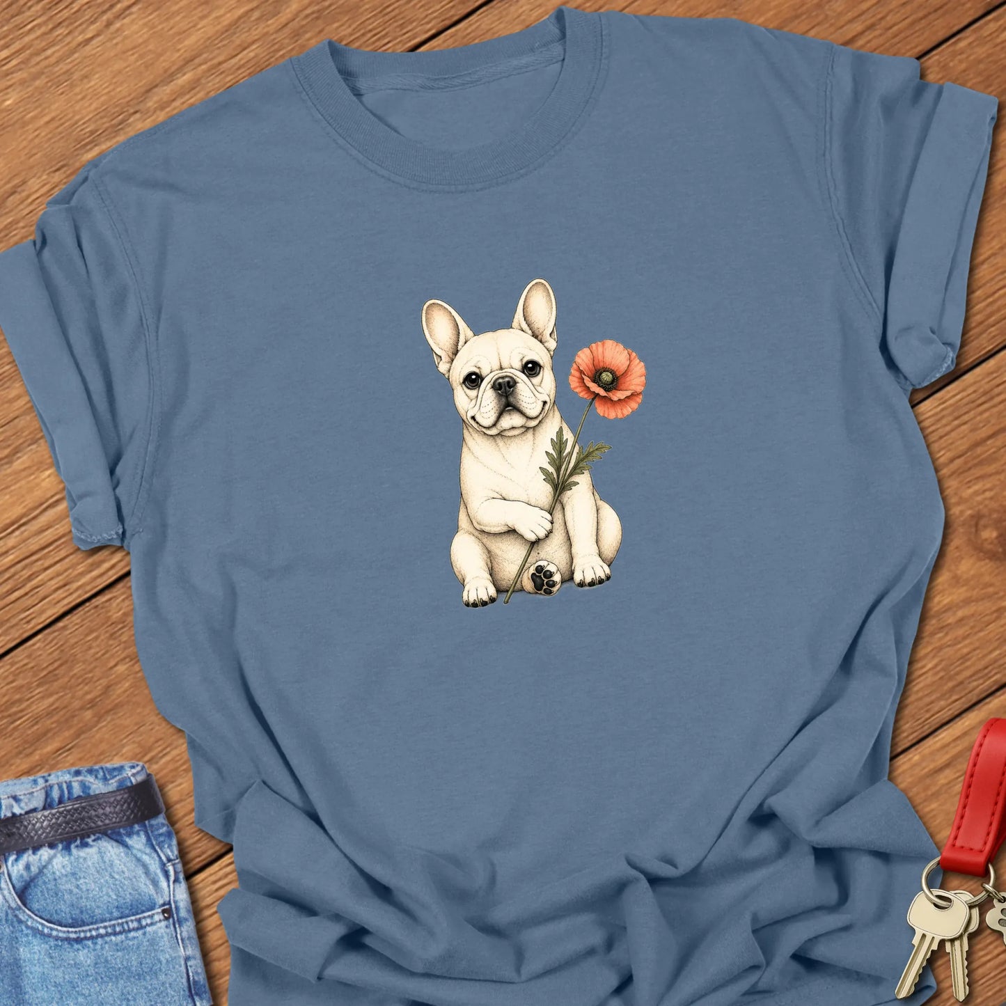 Frenchie Poppy Art cream French Bulldog holding red poppy flower printed on Comfort Colors® t-shirt in Blue Jean Color
