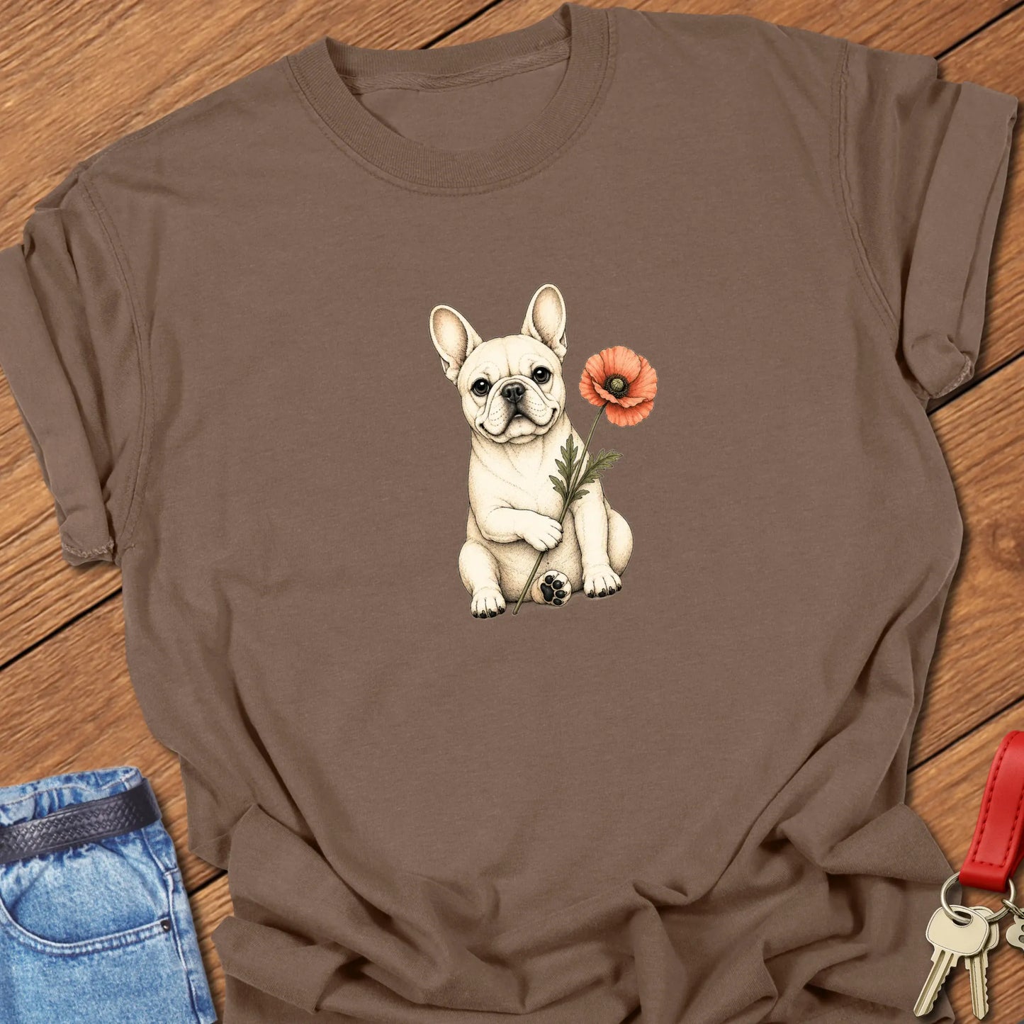 Frenchie Poppy Art cream French Bulldog holding red poppy flower printed on Comfort Colors® t-shirt in Espresso Color