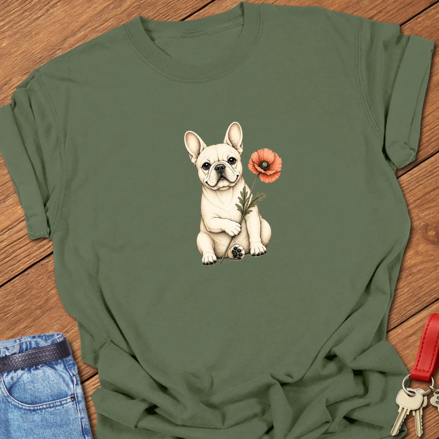 Frenchie Poppy Art cream French Bulldog holding red poppy flower printed on Comfort Colors® t-shirt in Moss Color