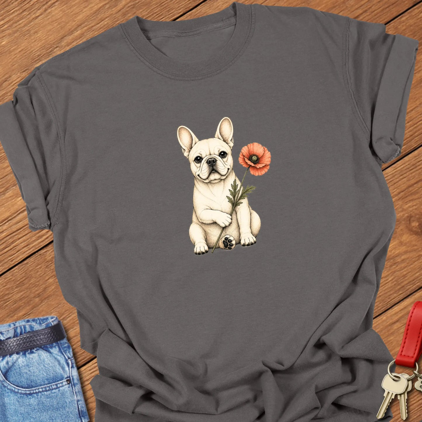 Frenchie Poppy Art cream French Bulldog holding red poppy flower printed on Comfort Colors® t-shirt in Pepper Color